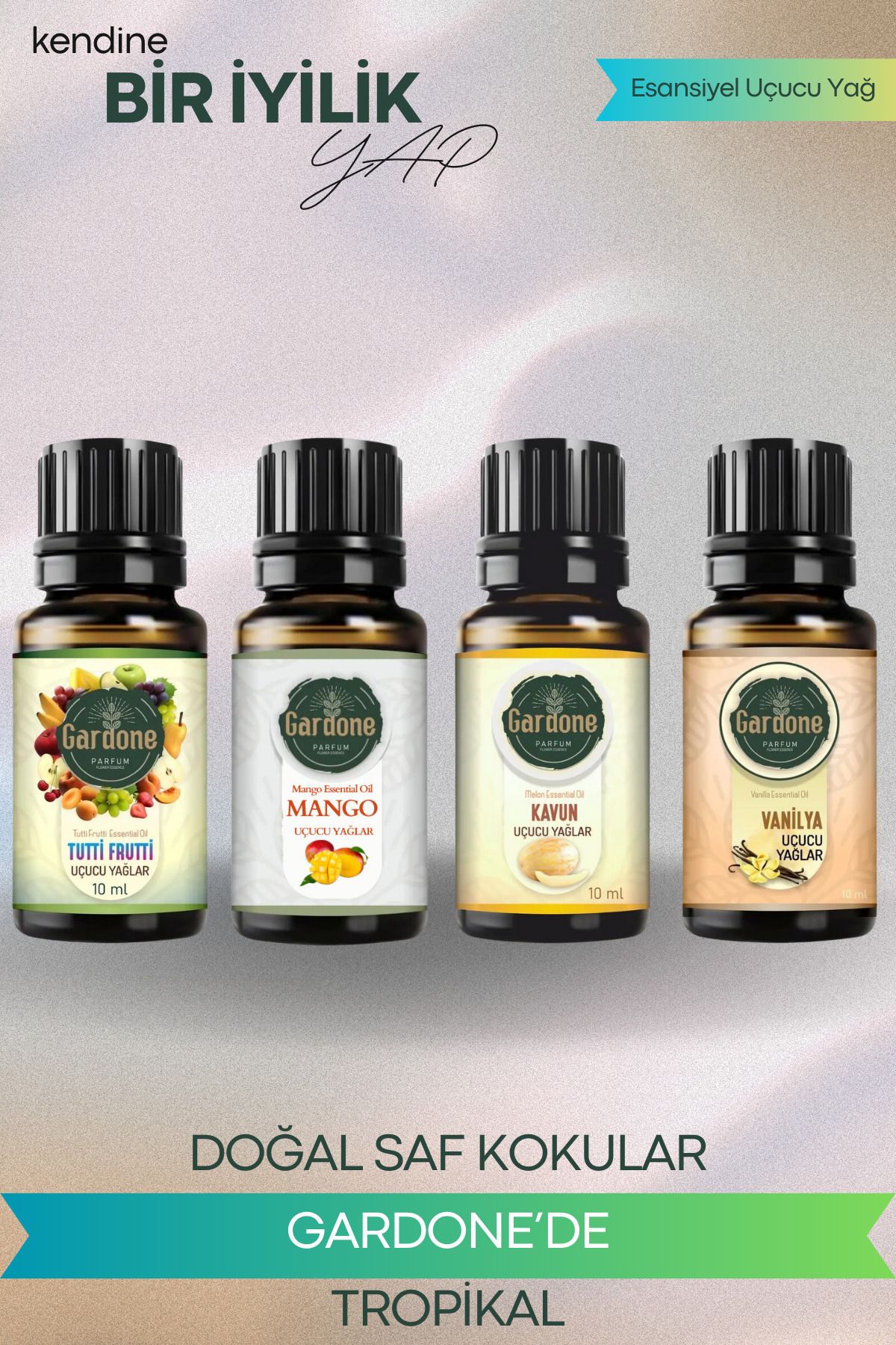 Gardone 4 lü Set Esansiyel Uçucu Yağ Buhurdanlık Yağı Esans Mango Kavun Tutti Fruit Vanilya 4*10 ml