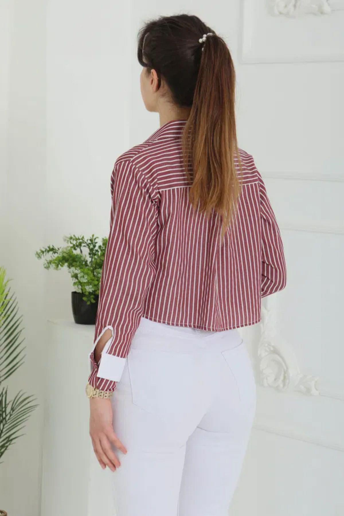 Butik Çizgili Cepli Kısa Gömlek