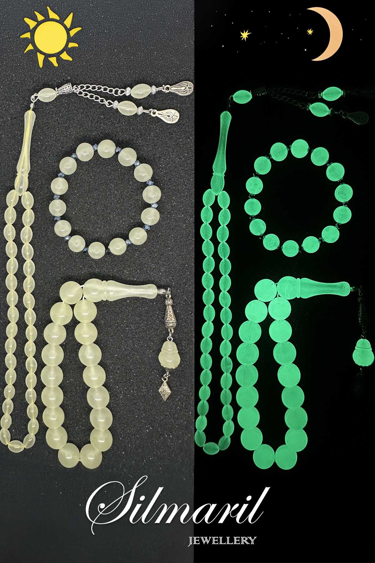 Gecenin Parlayan Üçlüsü – Fosforlu Kedi Gözü Tespih & Bileklik Üçlü Set