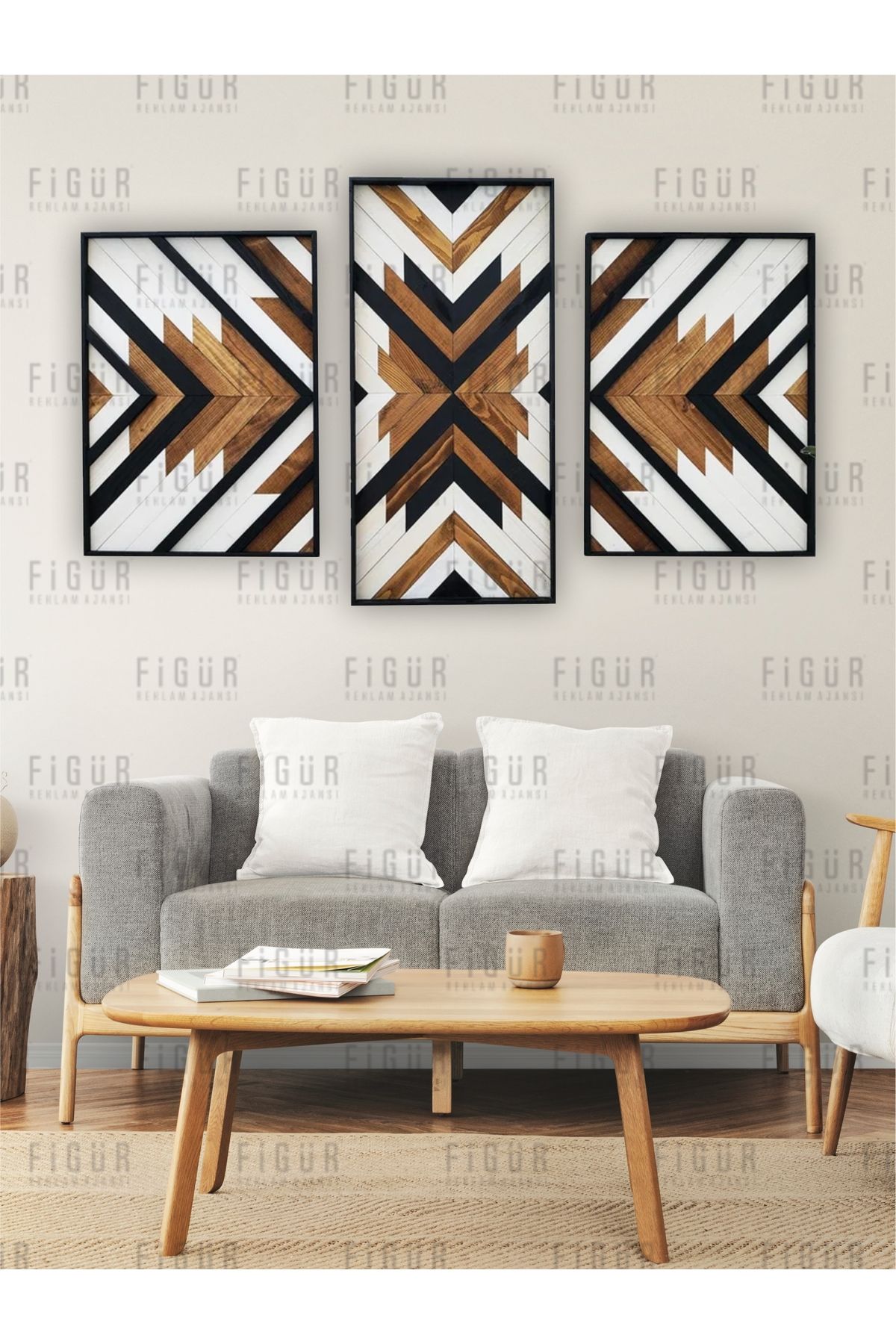 medyarella Modern Geometrik Desenli 3’lü Ahşap Duvar Tablosu - Siyah Beyaz Ceviz Tonları | Lazer Kesim, 6mm MDF