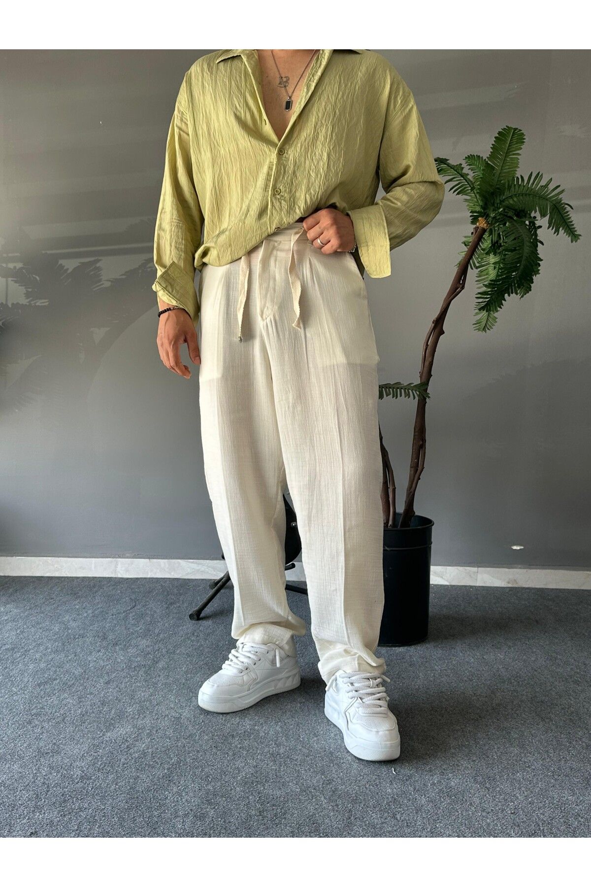 THEMANN Müslin Kumaş Baggy Kalıp Bej Pantolon