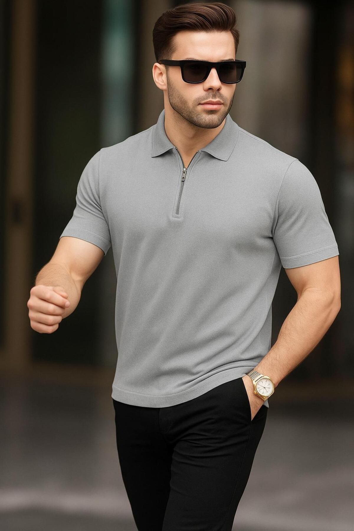 ribana Erkek Polo Yaka Fermuarlı Triko T-shirt