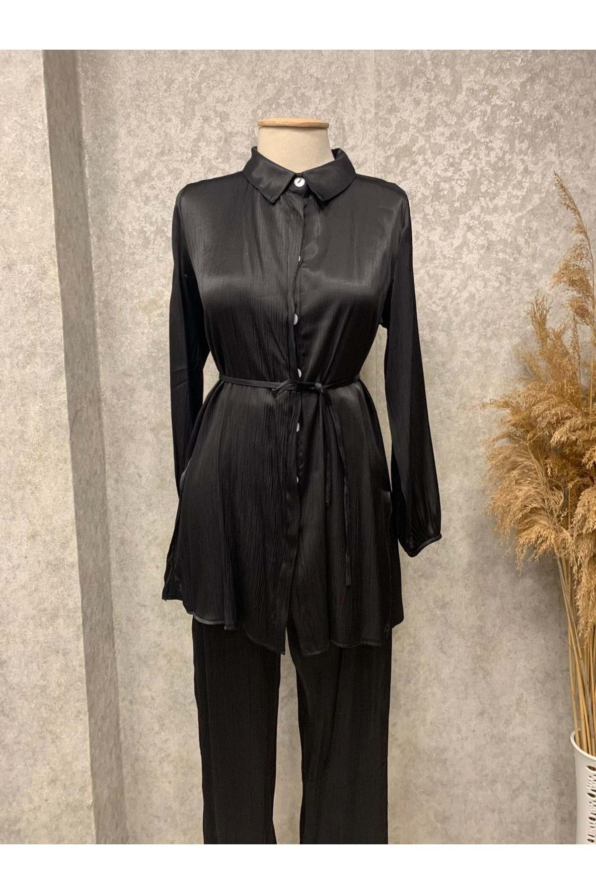 Rumella 25Y4288 TAKIM TUNİK PANTOLON SATEN GİZLİ DÜĞMELİ BEL BAĞLAMALI - RUMELLA - 25Y4288 - SİYAH - 40