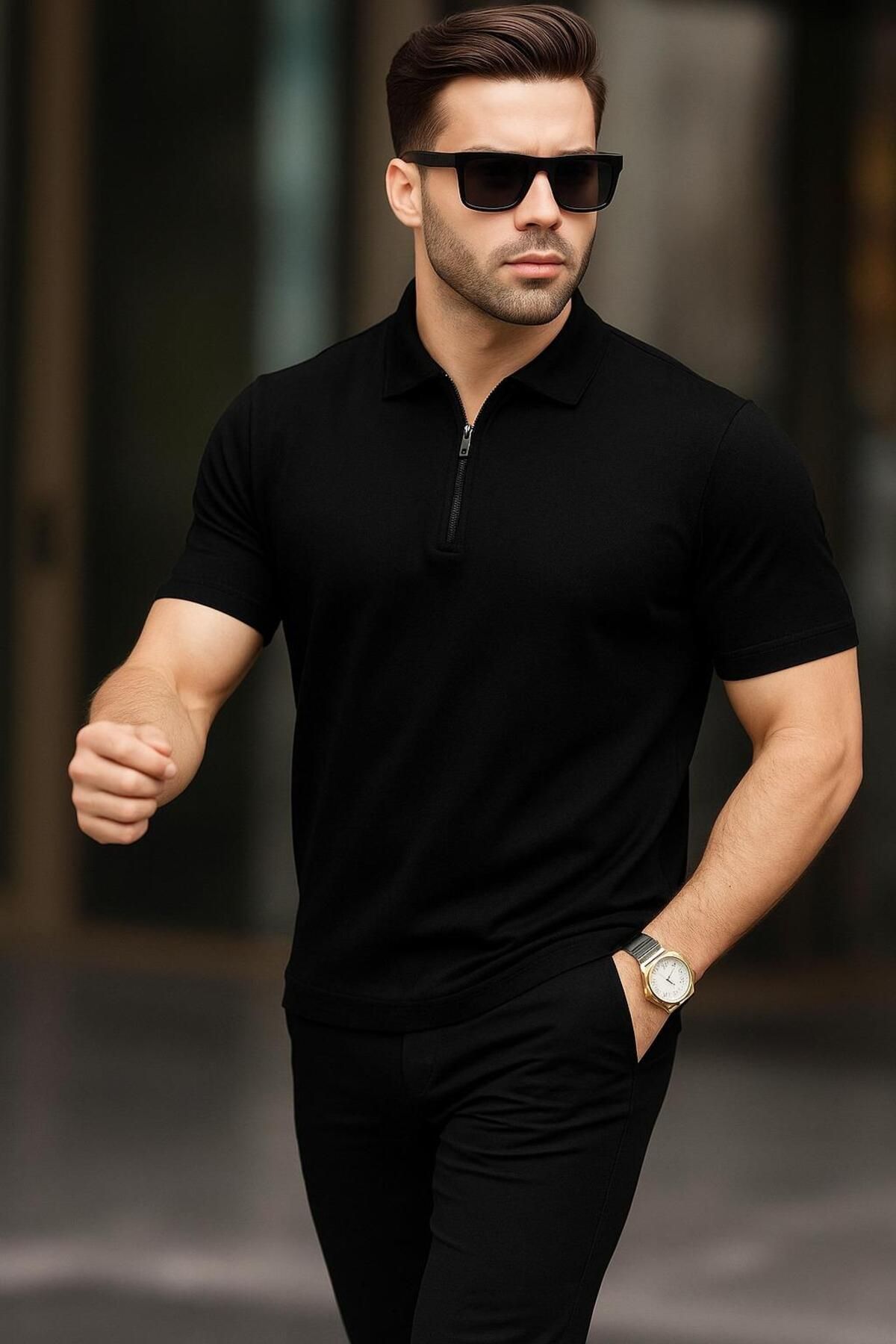 ribana Erkek Polo Yaka Fermuarlı Triko T-shirt