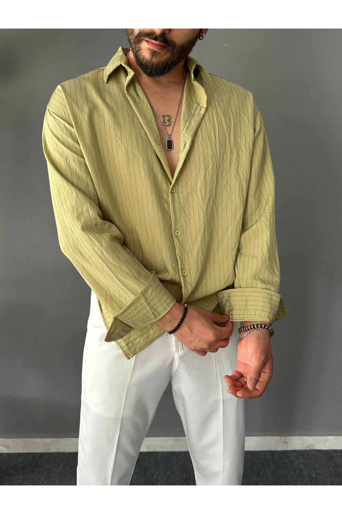 THEMANN İnce Çizgili Modal Kumaş Yeşil Oversize Gömlek