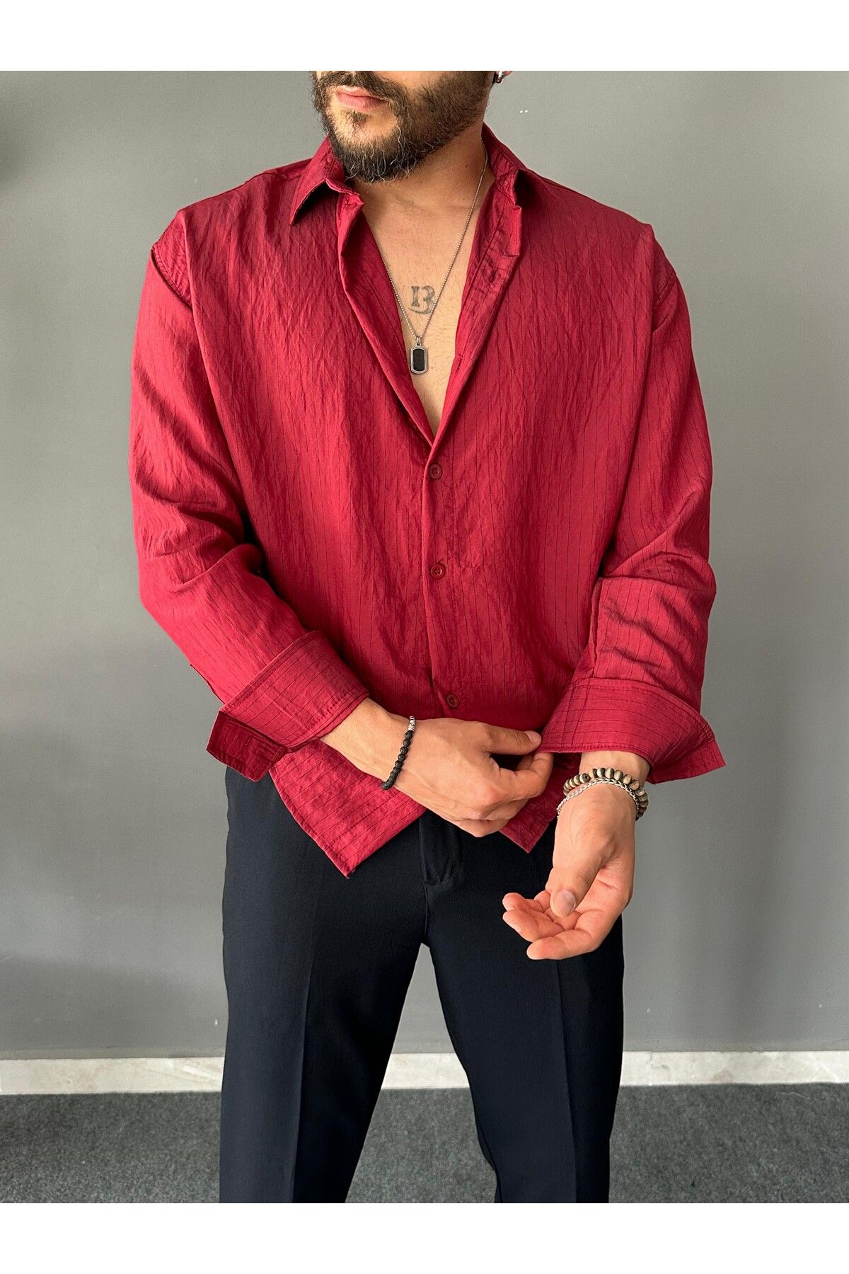 THEMANN İnce Çizgili Modal Kumaş Bordo Oversize Gömlek