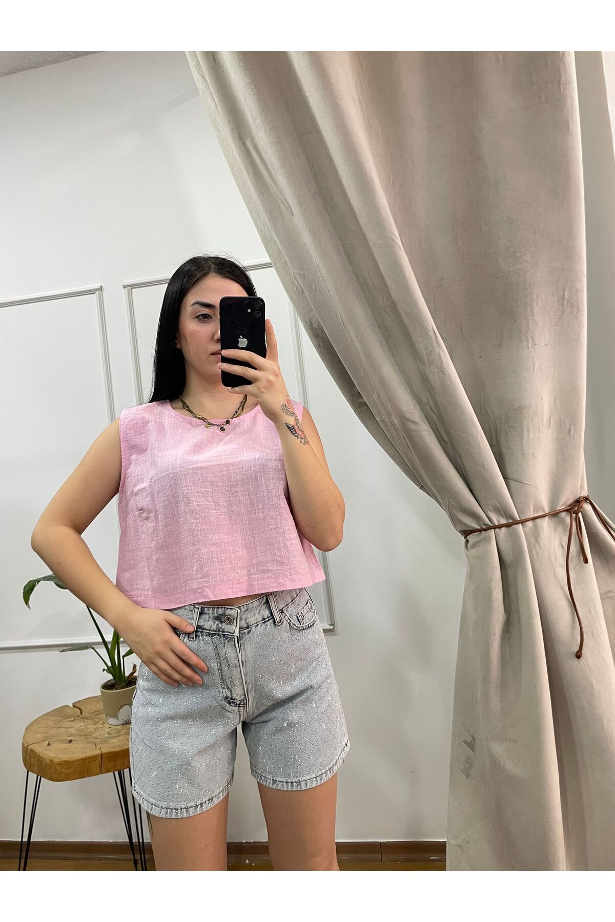 FASİON Kadın Mavi Renk Taşlı Kot Denim Şort