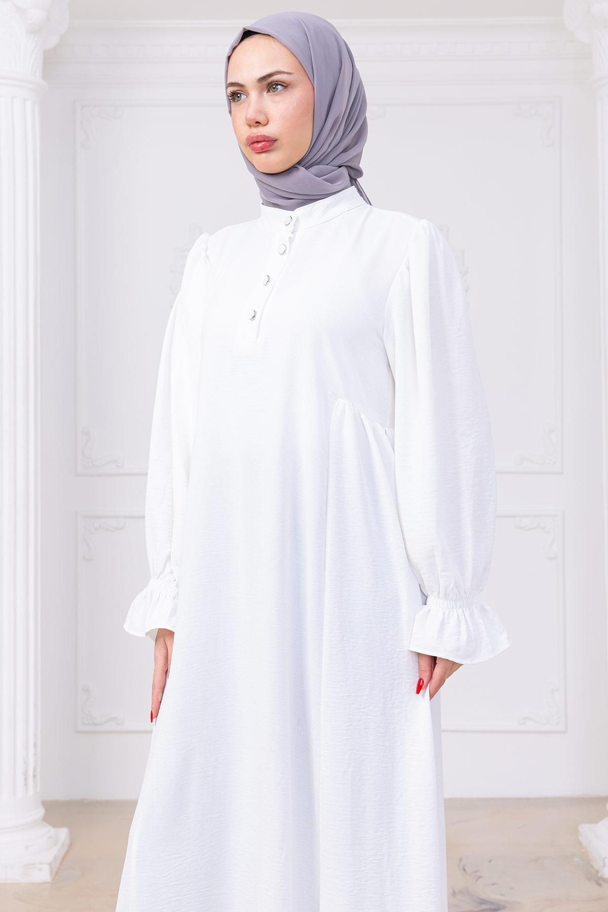 hafsamina Kolları Lastikli Eva Tesettür Elbise Beyaz HM2758