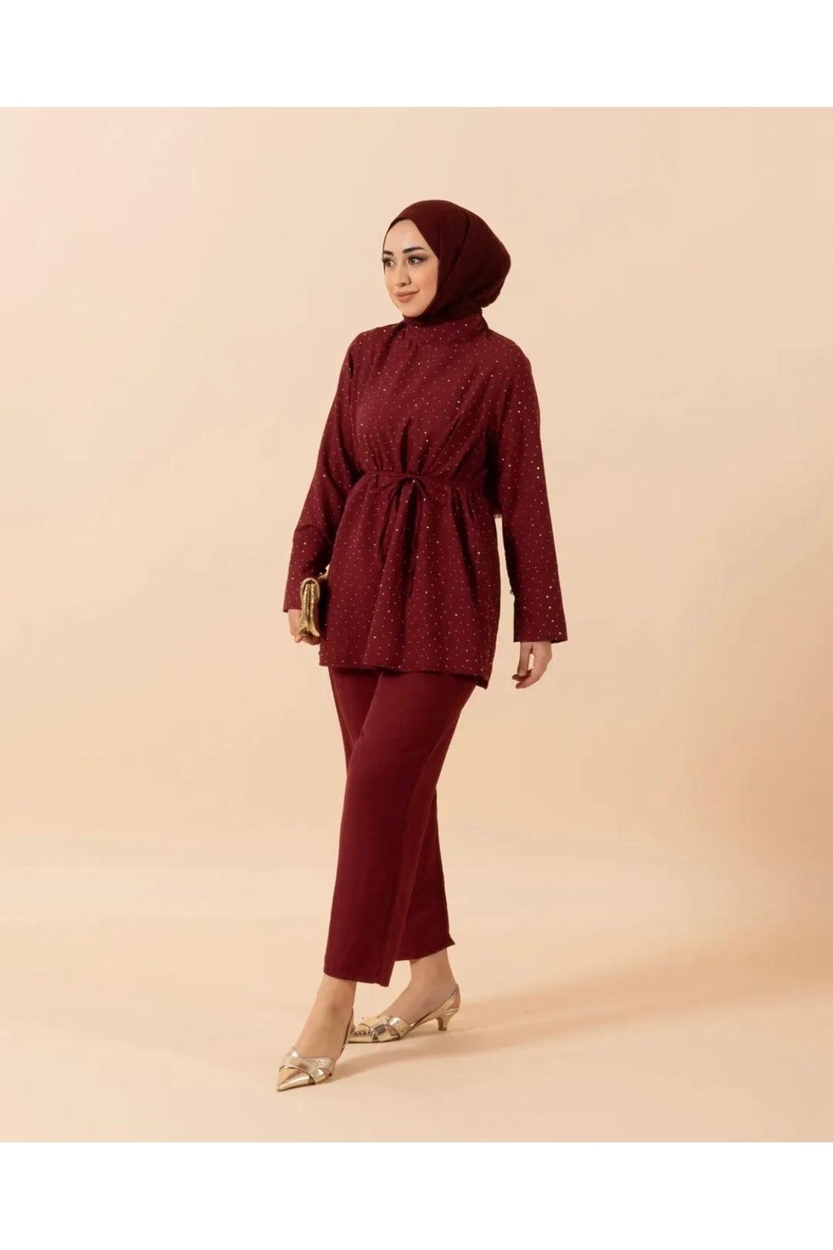Rumella 25Y4296 TAKIM TUNİK PANTOLON , TUNİK TAMAMI TAŞLI - RUMELLA - 25Y4296 - BORDO - 44