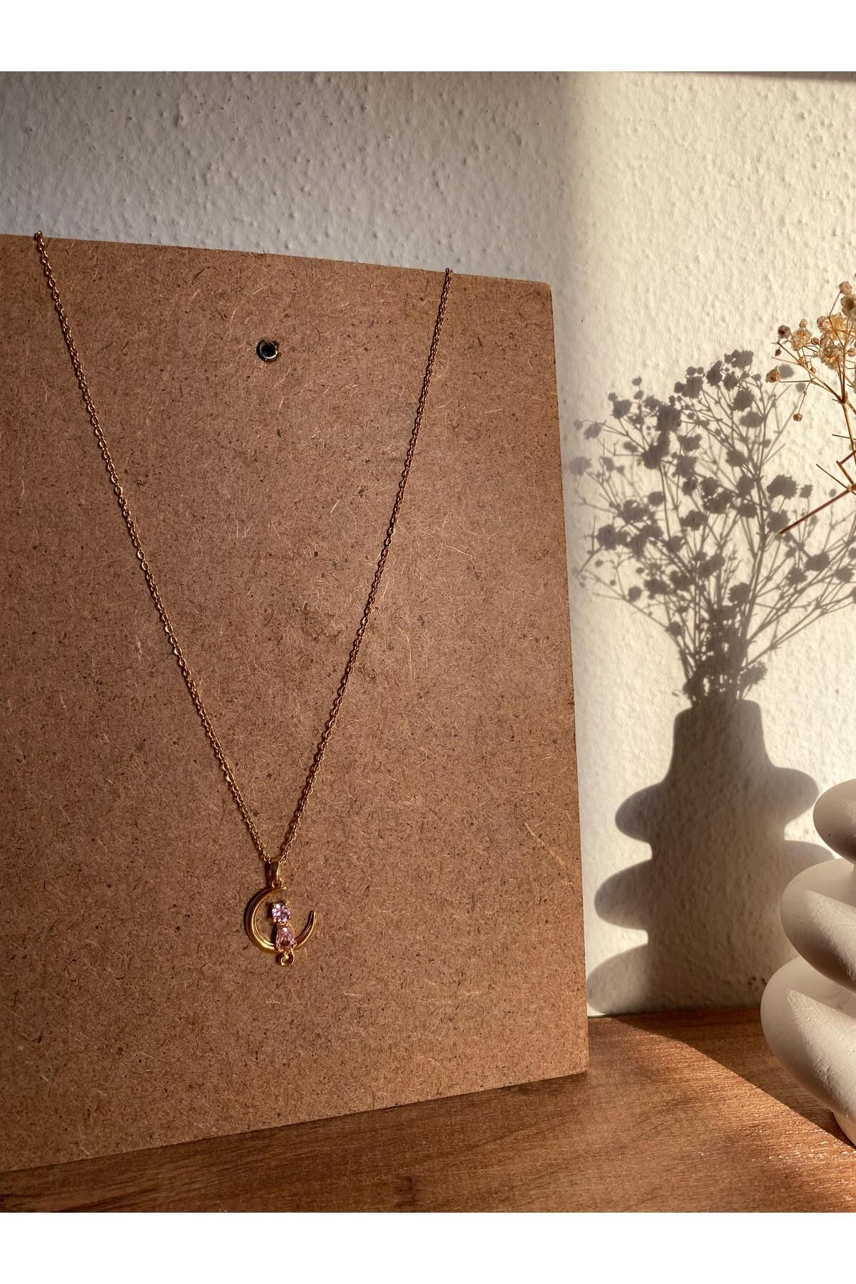 Bellamy Jewelry Kedi Detaylı Ay Kolye - Gold