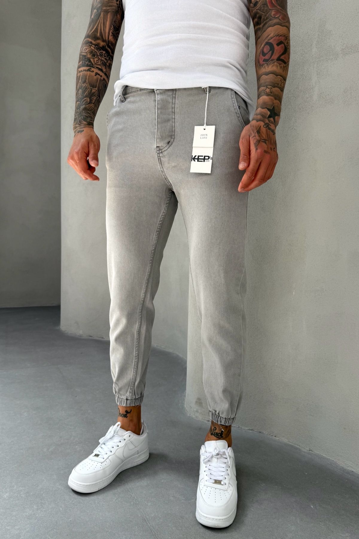 MADZEYMODA Paça Lastik Likralı Denim Kumaş Erkek Gri Jean Kot Pantolon KE-560