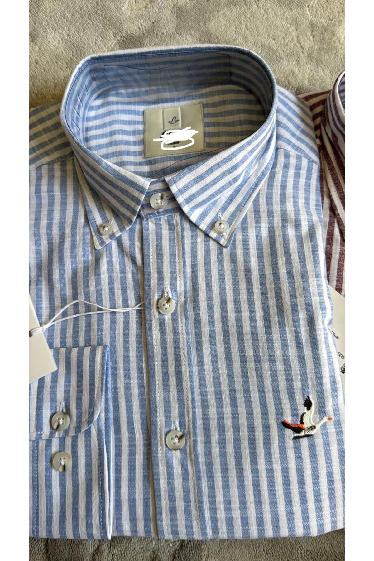 Marka Butikmayamoda Orijjnal Marka Pamuk Keten Mavi Cizgili Comfort Gomlek