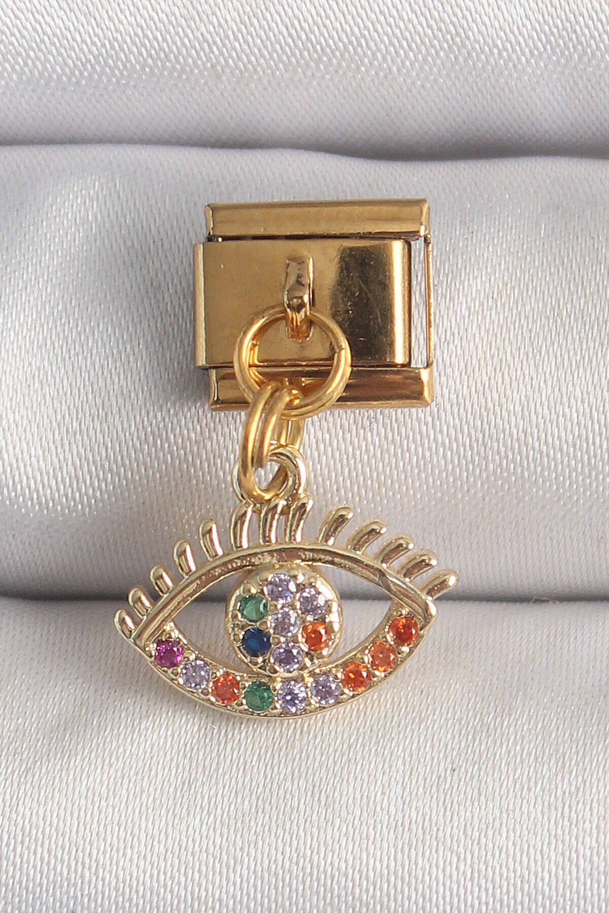 Clariss 316L Çelik Gold Renk Sallantı Renkli Zirkon Taşlı Göz Model Nomination Charm