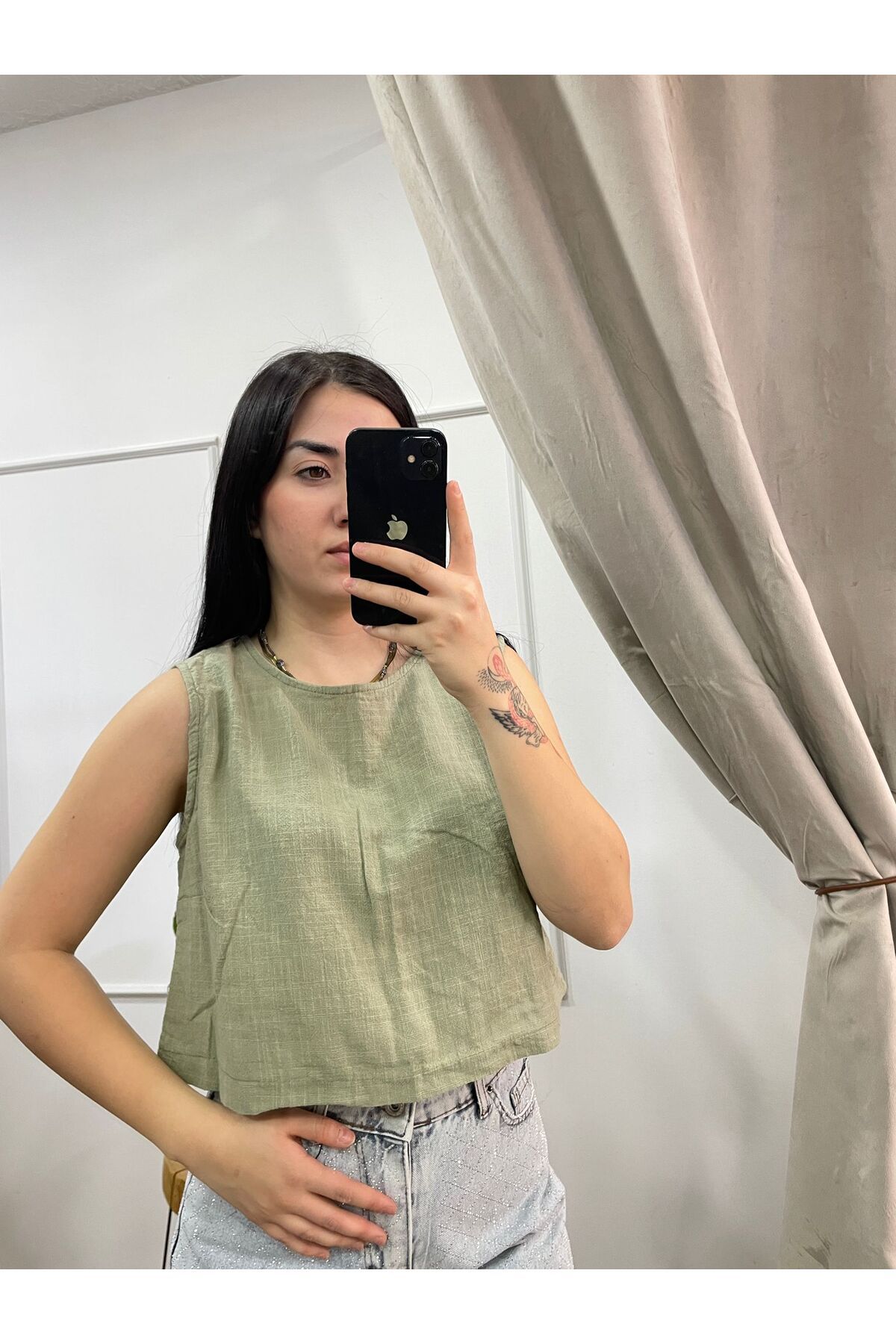 FASİON Kadın Keten Crop Bluz
