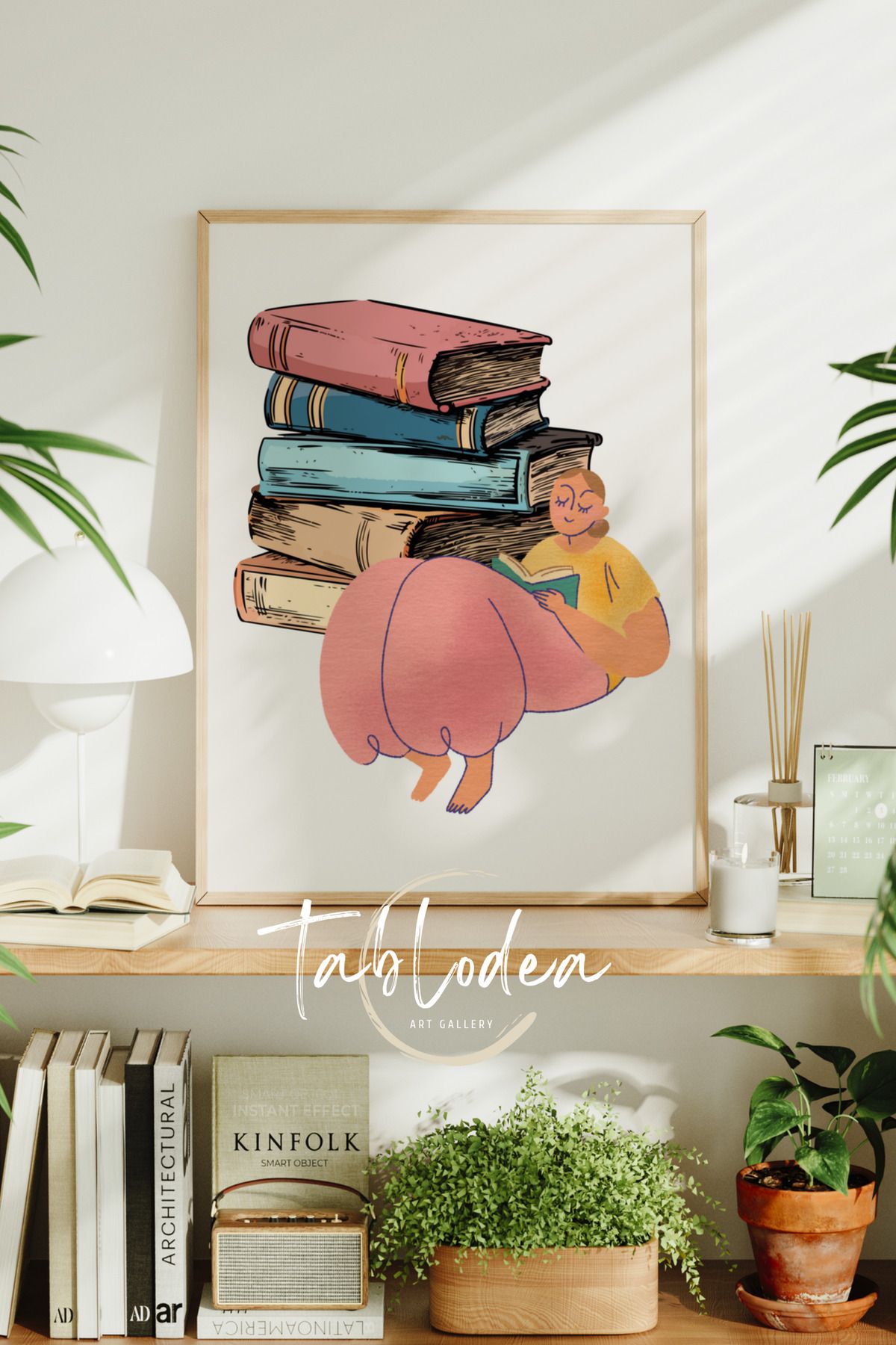tablodea Bohem Kitaplar Ve Kadın Dekoru Çerçeveli Poster Tablo, Minimalist Dekoratif Modern Duvar Tablosu