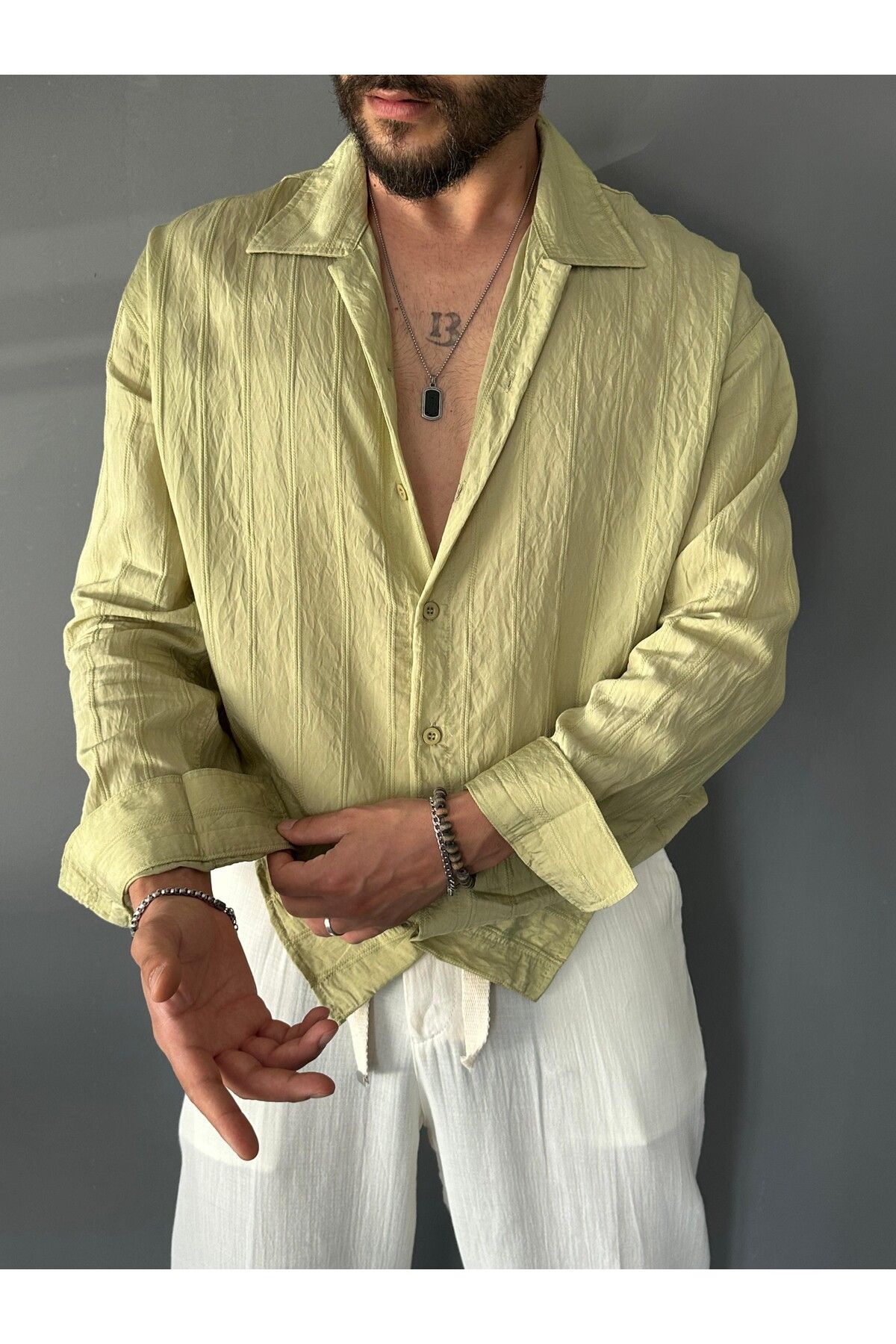 THEMANN Modal Kumaş Çizgili Yeşil Oversize Gömlek
