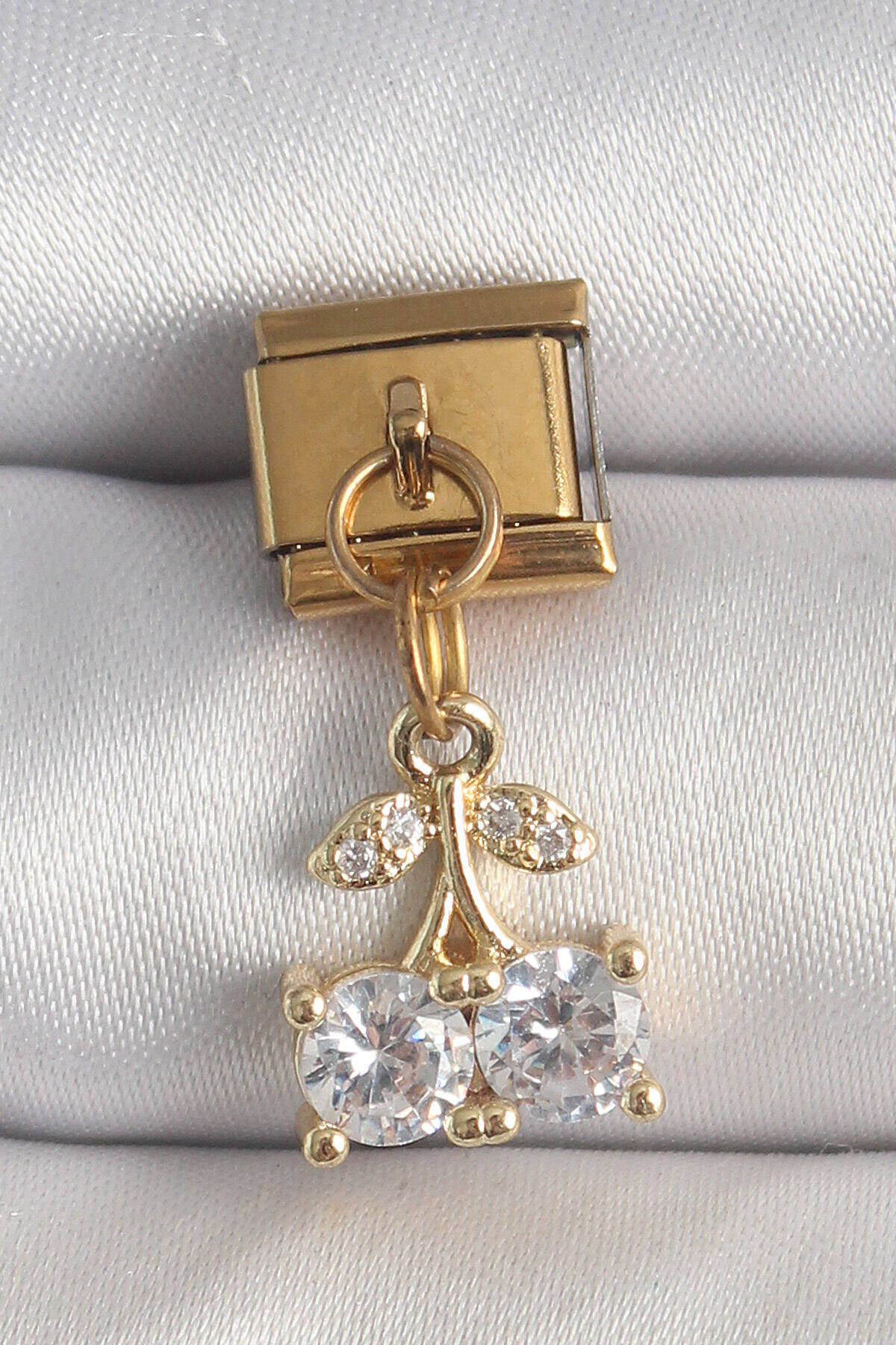 Clariss 316L Çelik Gold Renk Sallantı Zirkon Taşlı Kiraz Model Nomination Charm