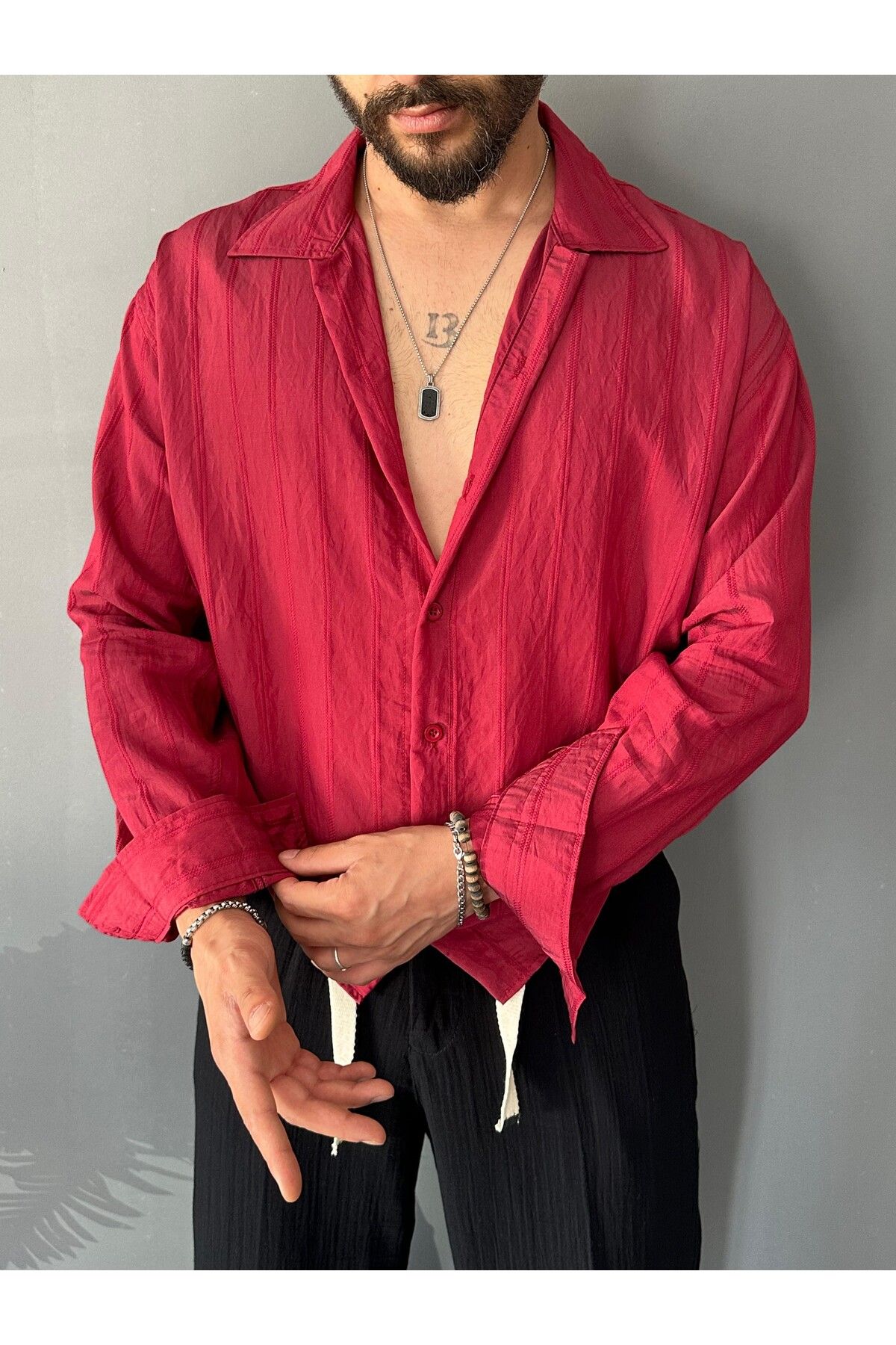 THEMANN Modal Kumaş Çizgili Bordo Oversize Gömlek
