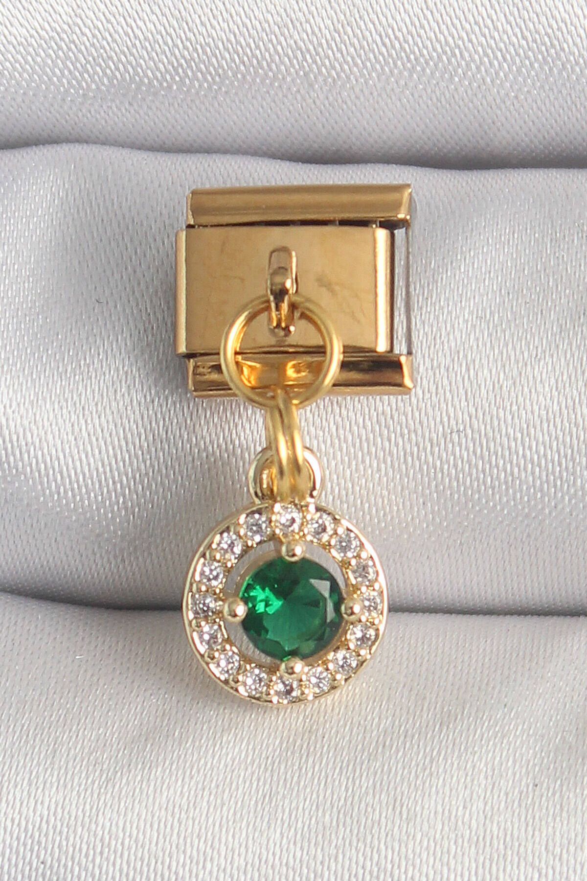 Clariss 316L Çelik Gold Renk Sallantı Yeşil Zirkon Taşlı Nomination Charm