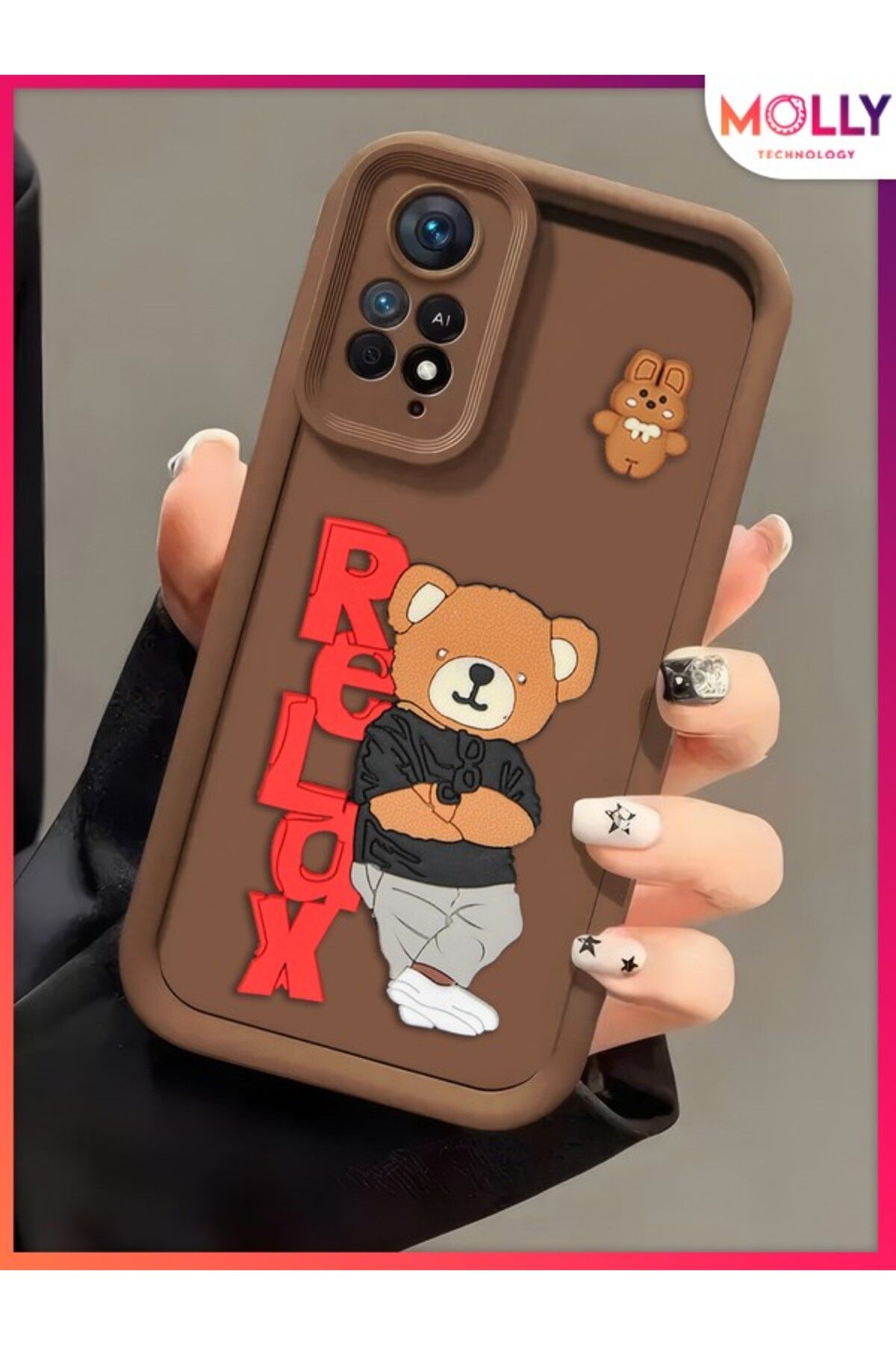 Molly Xiaomi Redmi Note 11 Pro İçin Fallow Brown Kenarları Kalın 3d Kabartmalı Teddy Bear Silikon Kılıf