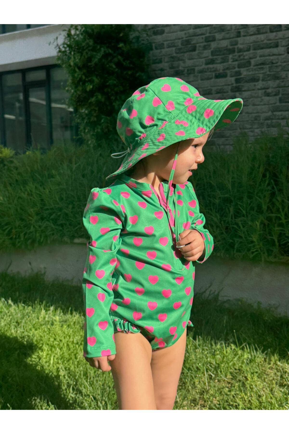 Mama Yoyo Baby Kids Önden Fermuarlı - Alttan Çıtçıtlı Mayo Kalpler Yeşil Pembe fotoğrafı 5 (önizleme)