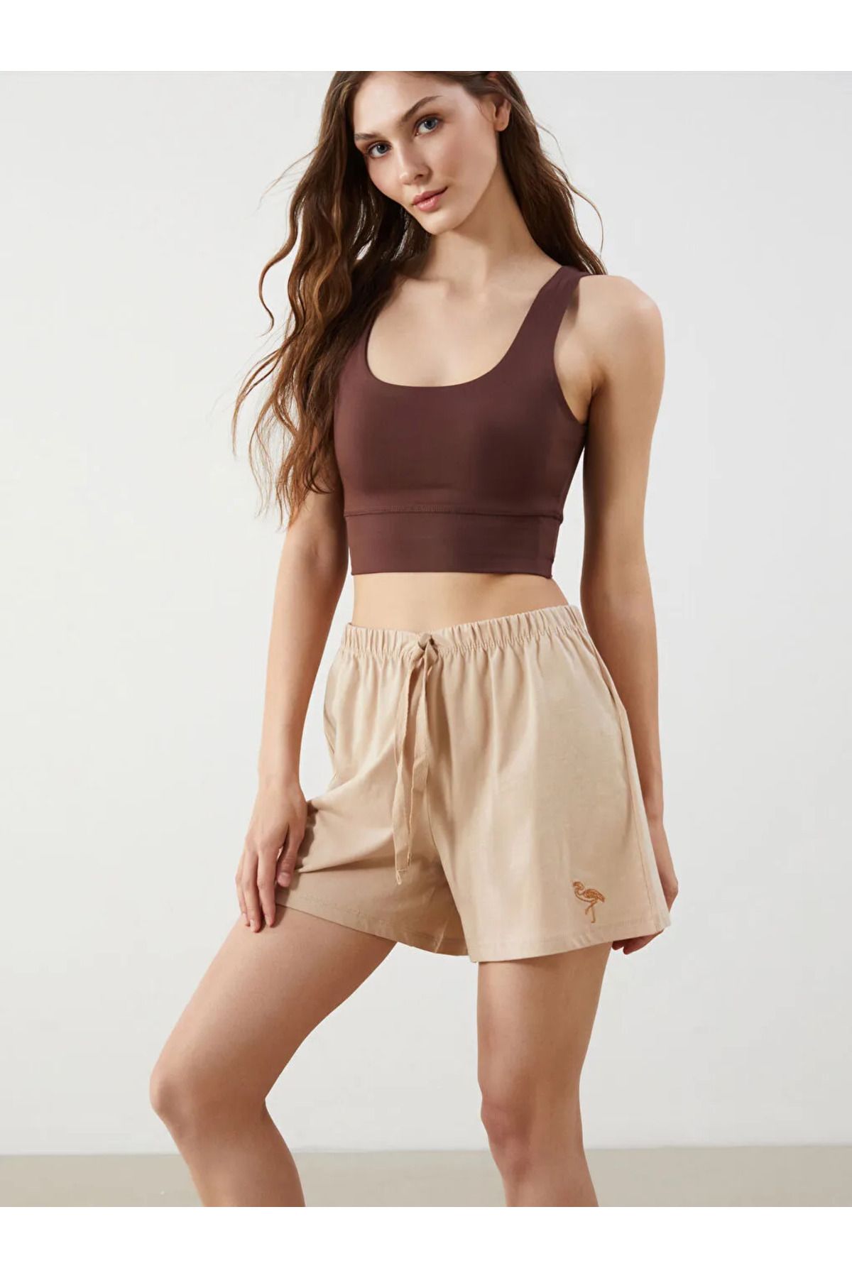 LC Waikiki LCW DREAM Bej Beli Lastikli Nakışlı Kadın Şort Pijama Altı