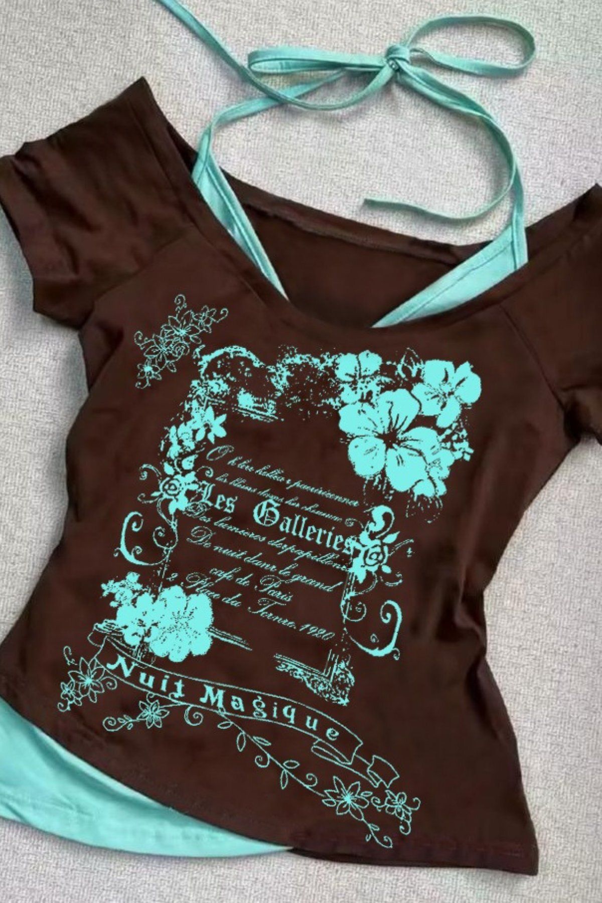 BALİNA Kahverengi Nuit Magique Madonna Yaka Ek Askılı Kısa Kollu Full Body Crop Bluz THE SOLO