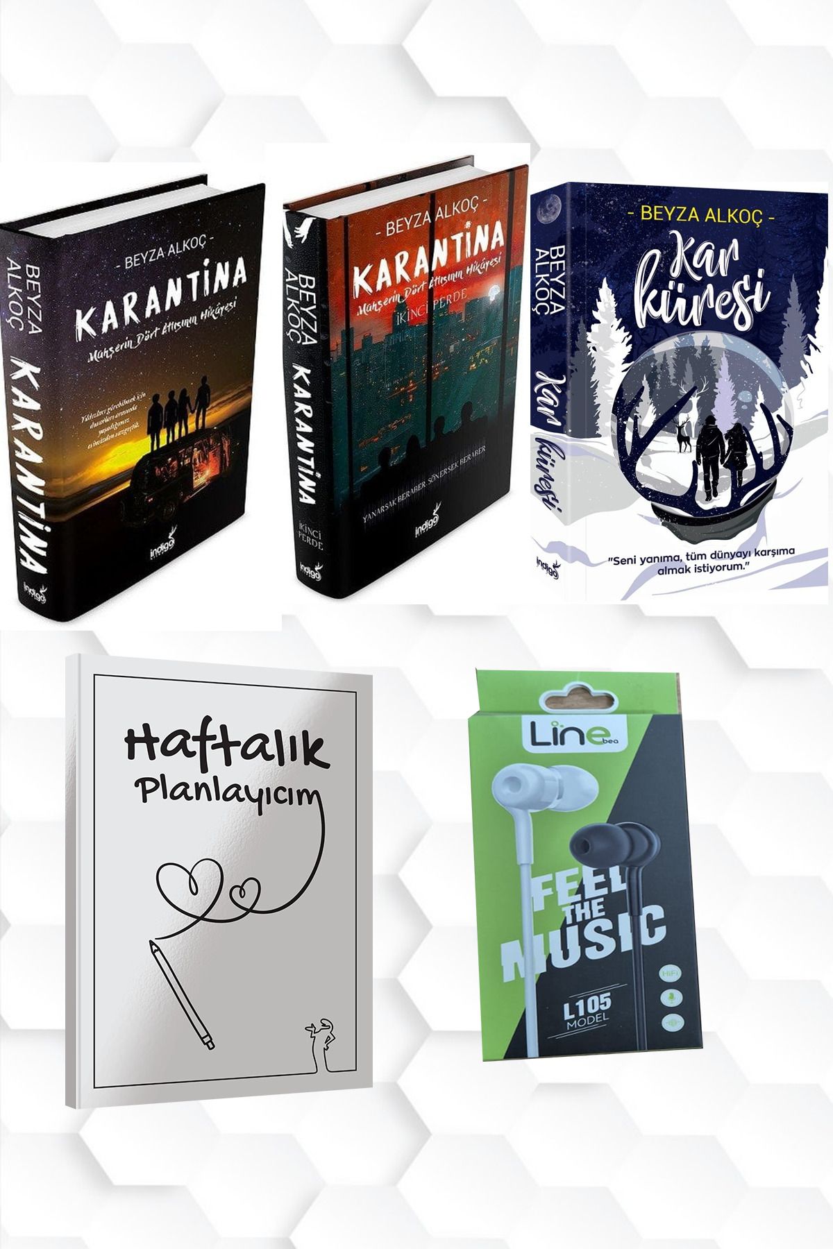 İndigo Kitap CİLTLİ-BEYZA ALKOÇ-KARANTİNA 1 VE 2-KAR KÜRESİ+HAFTALIK PLANLAYICIM (52 HAFTA) KULAKLIK