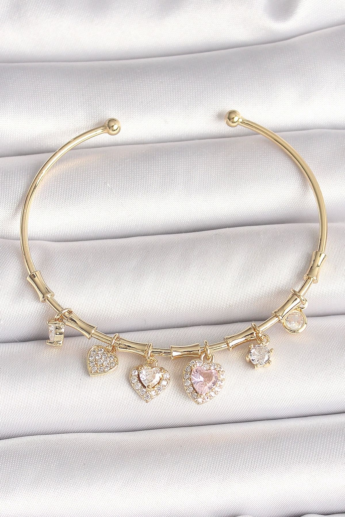 luz&pos Pirinç Gold Renk Sallantı Pembe Zirkon Taşlı Kalp Figür Charm Kadın Bileklik