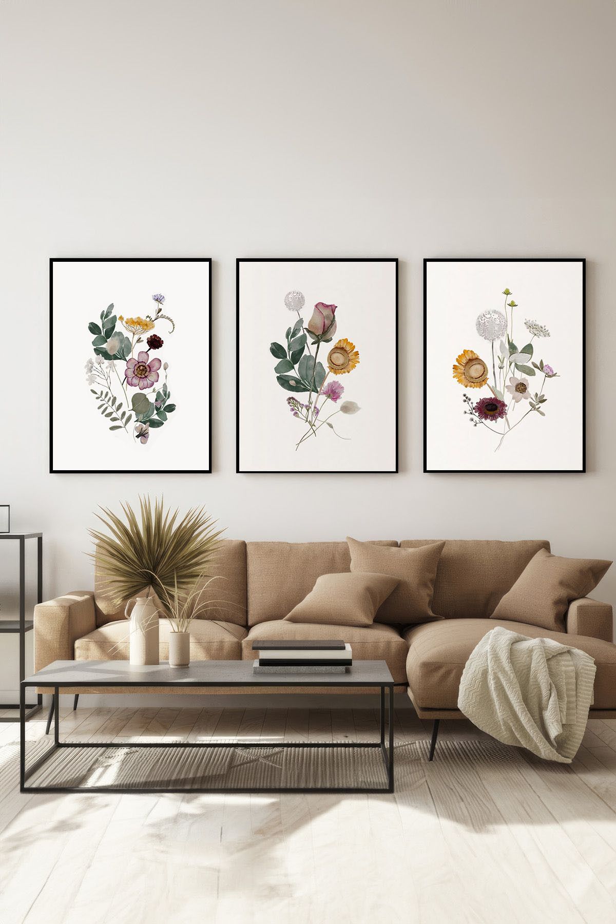 Artte Ahşap Çerçeveli 3’lü Bitki ve Çiçek Desenli Minimal Tablo Seti