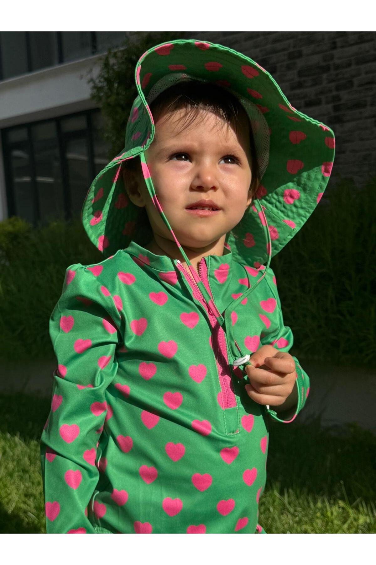 Mama Yoyo Baby Kids Önden Fermuarlı - Alttan Çıtçıtlı Mayo Kalpler Yeşil Pembe fotoğrafı 4 (önizleme)