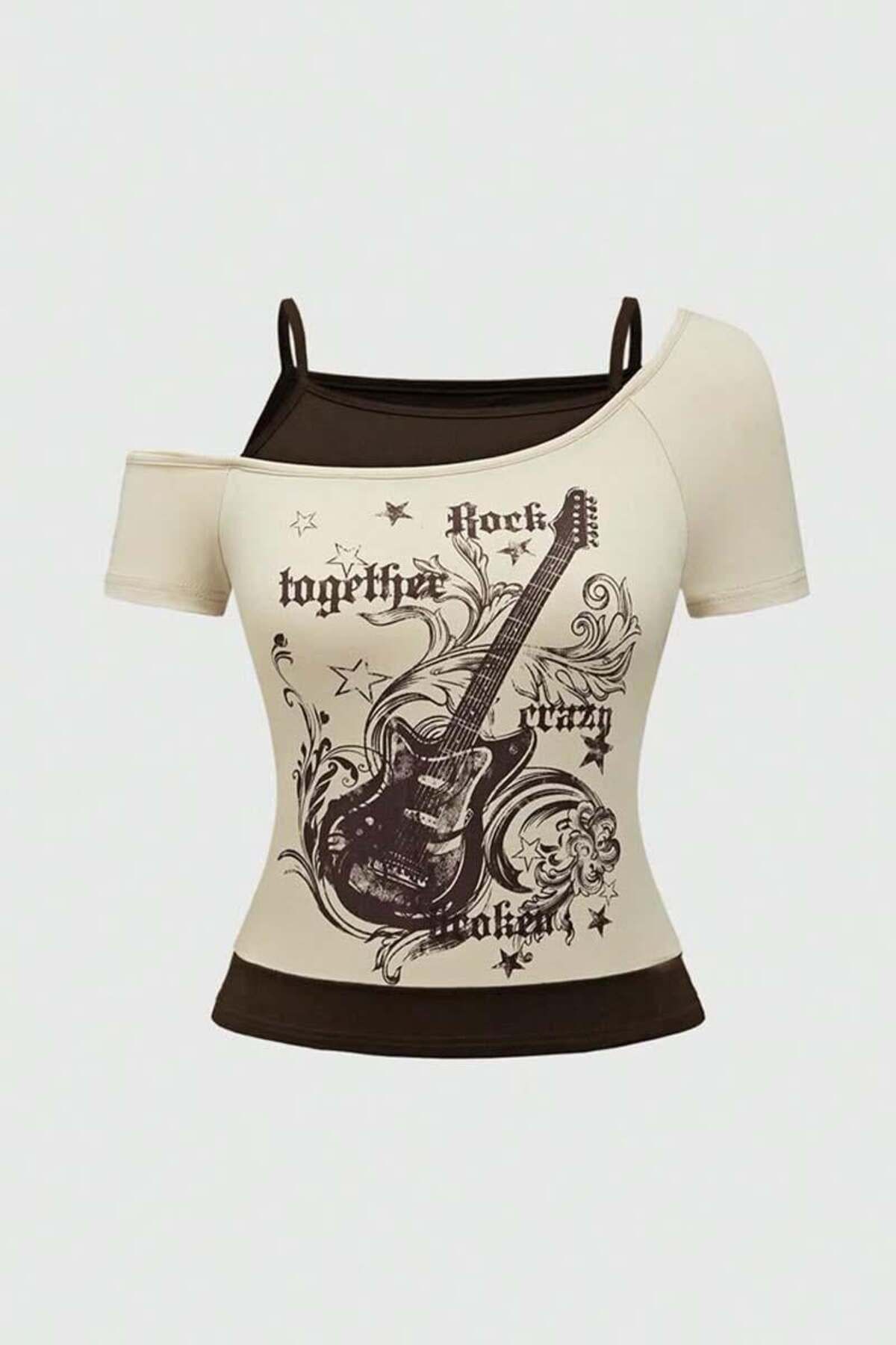 BALİNA Bej Rock Together Brown Guitar Ek Askılı Kısa Kollu Full Body Crop THE SOLO