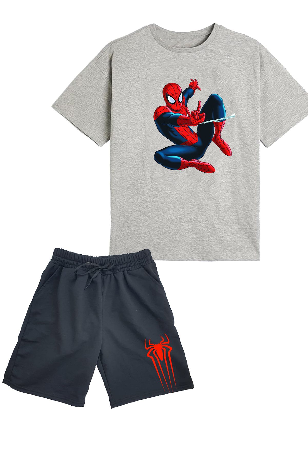 makiteks 2'li Set Baskılı Erkek Çocuk Pamuk Şort Tshirt Takım Örümcekadam 5 6 7 8 9 10 11 12 13 14 yaş Tişört