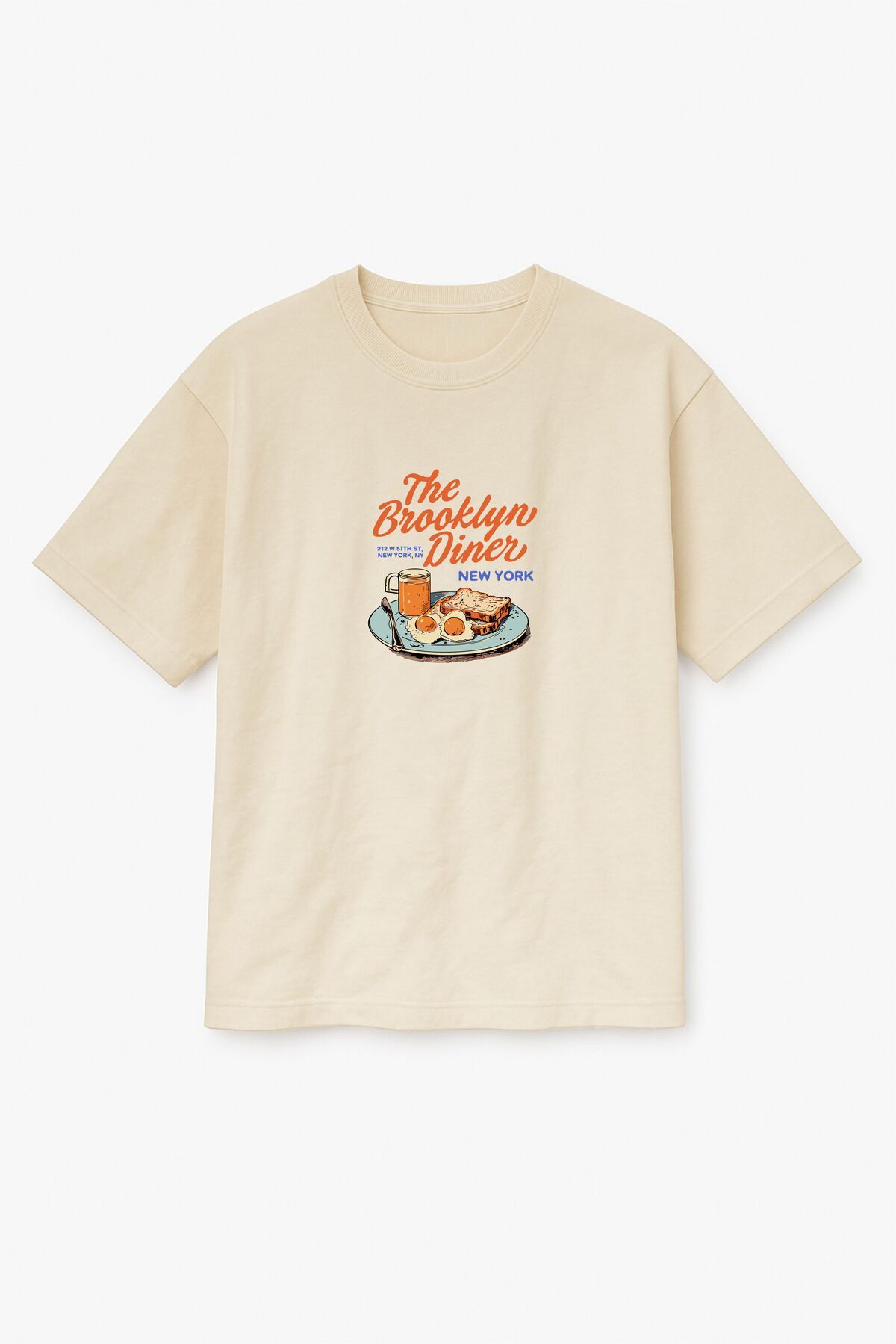 Altair Tr Bej Renk Oversize Brooklyn Dinner Kahvaltı Tabağı Baskılı Unisex Tişört T-Shirt