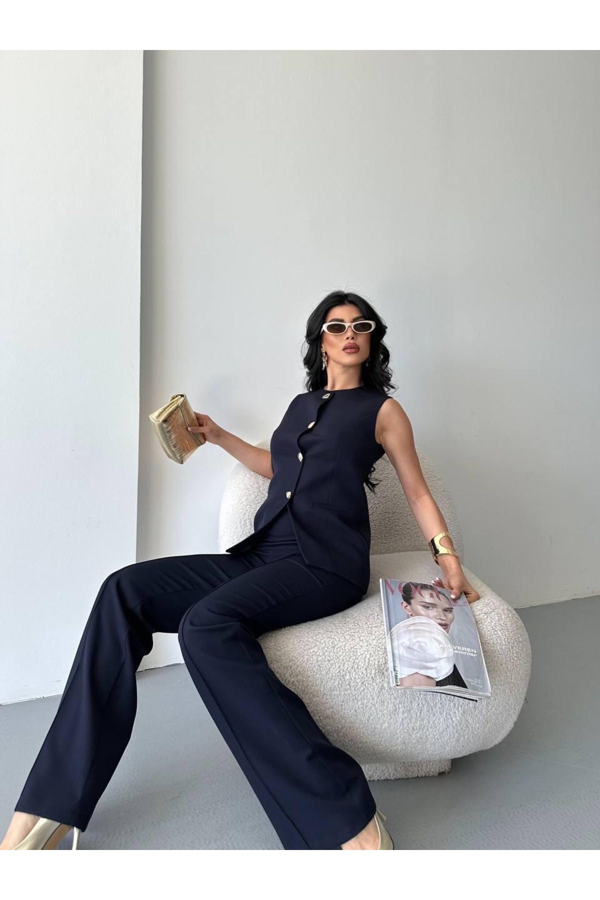 Ekim Store Taş Düğmeli Blazer Yelekli Pantolon Takım
