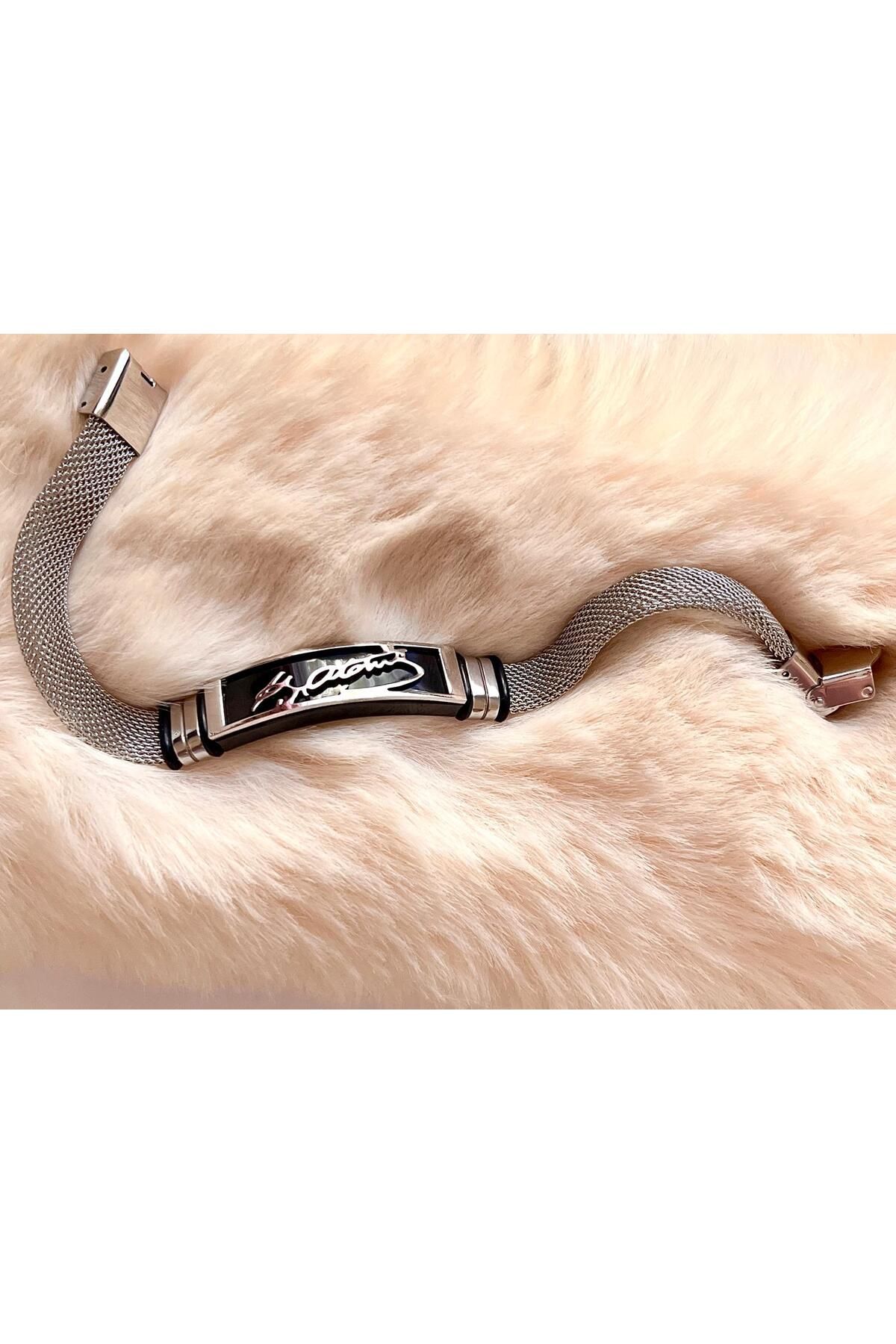 Bay hediye Kemal ATATÜRK İmzalı Silver Hasır Hafif Kordonlu 1. Sınıf Çelik Bileklik 22 cm