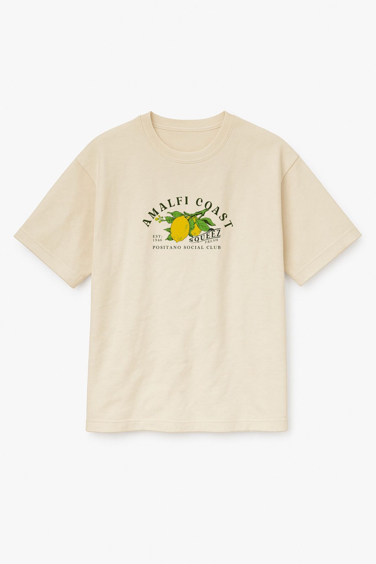 Altair Tr Bej Renk Oversize Amalfi Coast Limon Baskılı Unisex Tişört T-Shirt