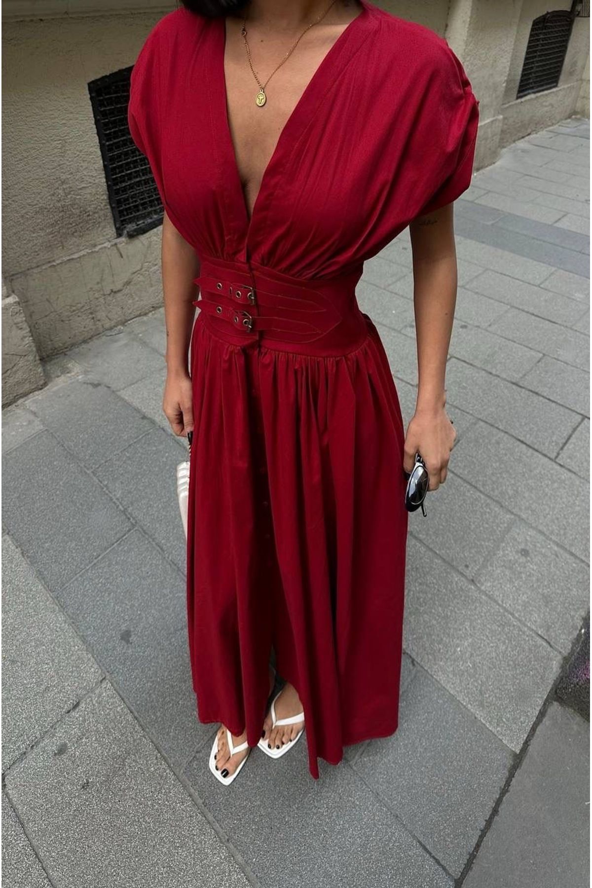 Ekim Store Beli Çift Kemerli Maxi Elbise