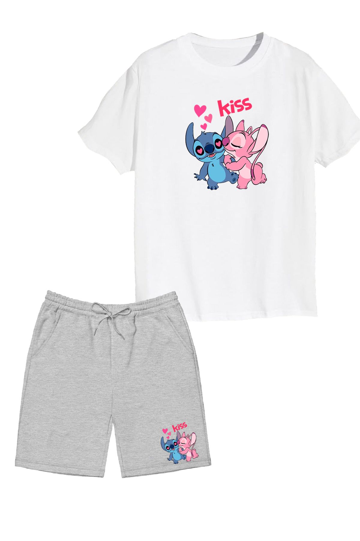 makiteks 2'li Set Baskılı Kız Çocuk Pamuk Şort Tshirt Takım Lilo Stitch04 5 6 7 8 9 10 11 12 13 14 yaş Tişört
