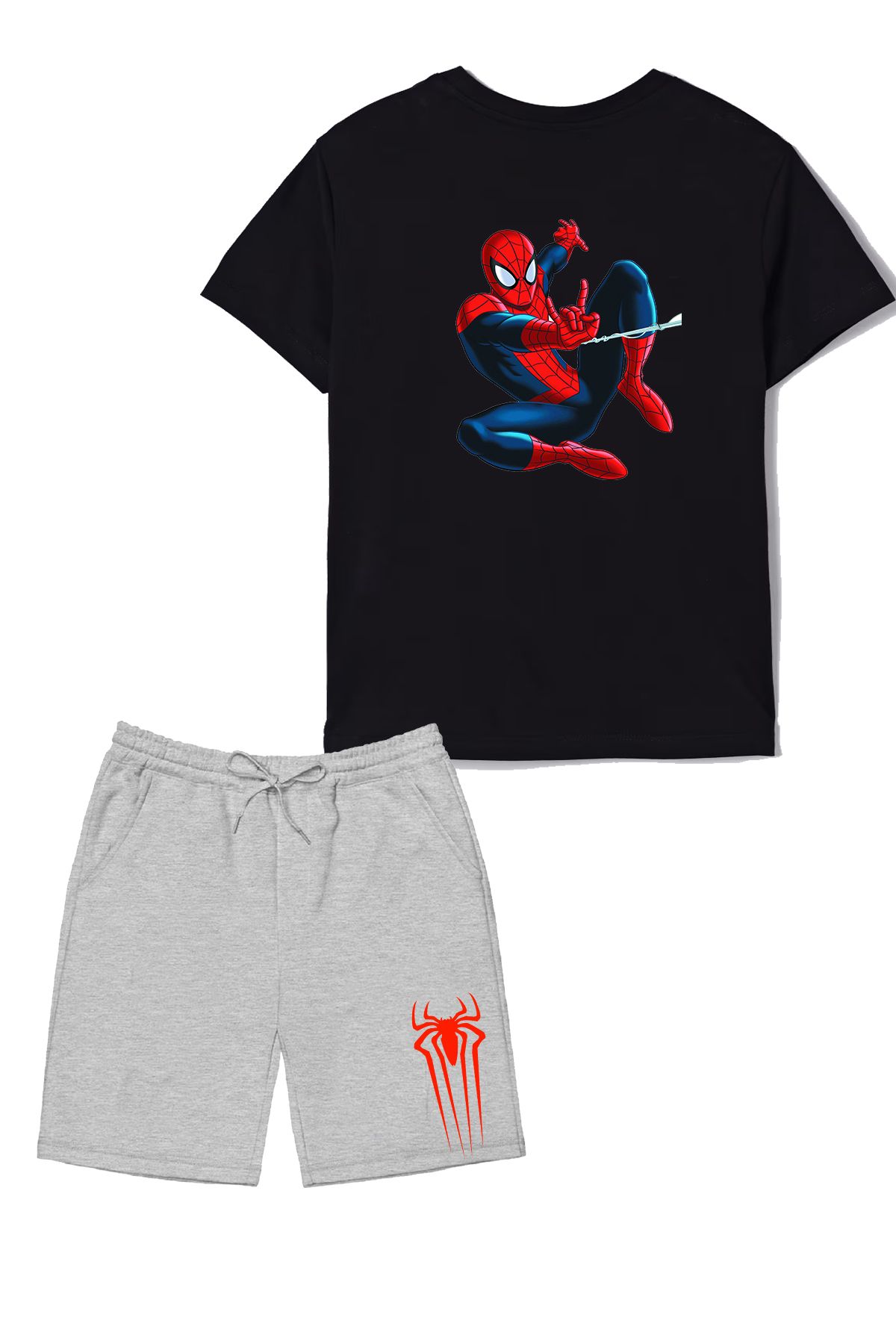 makiteks 2'li Set Baskılı Erkek Çocuk Pamuk Şort Tshirt Takım Örümcekadam 5 6 7 8 9 10 11 12 13 14 yaş Tişört