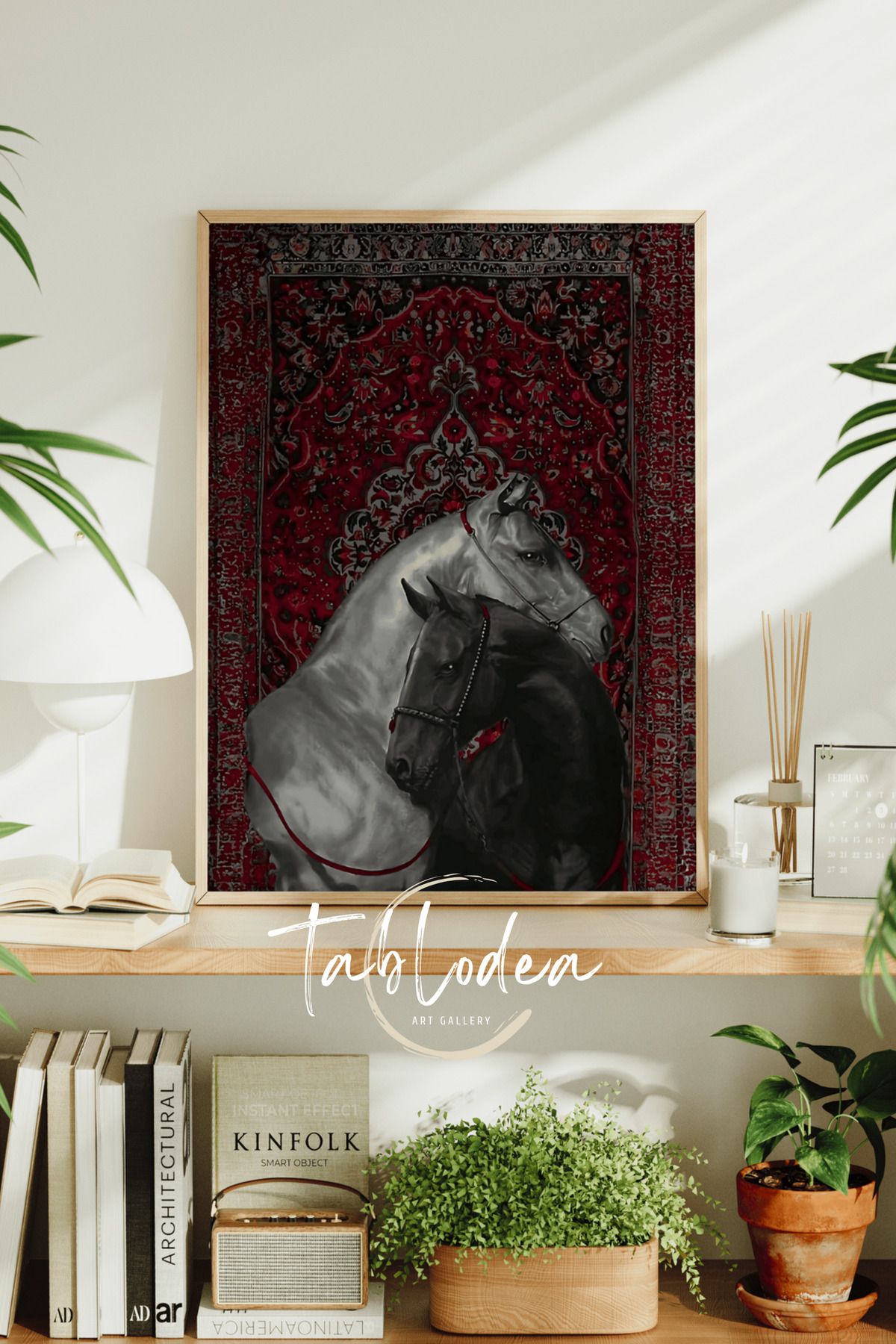 tablodea Etnik Desenli At Temalı Vintage Çerçeveli Poster Tablo, Motifli Dekoratif Modern Atlı Duvar Tablosu