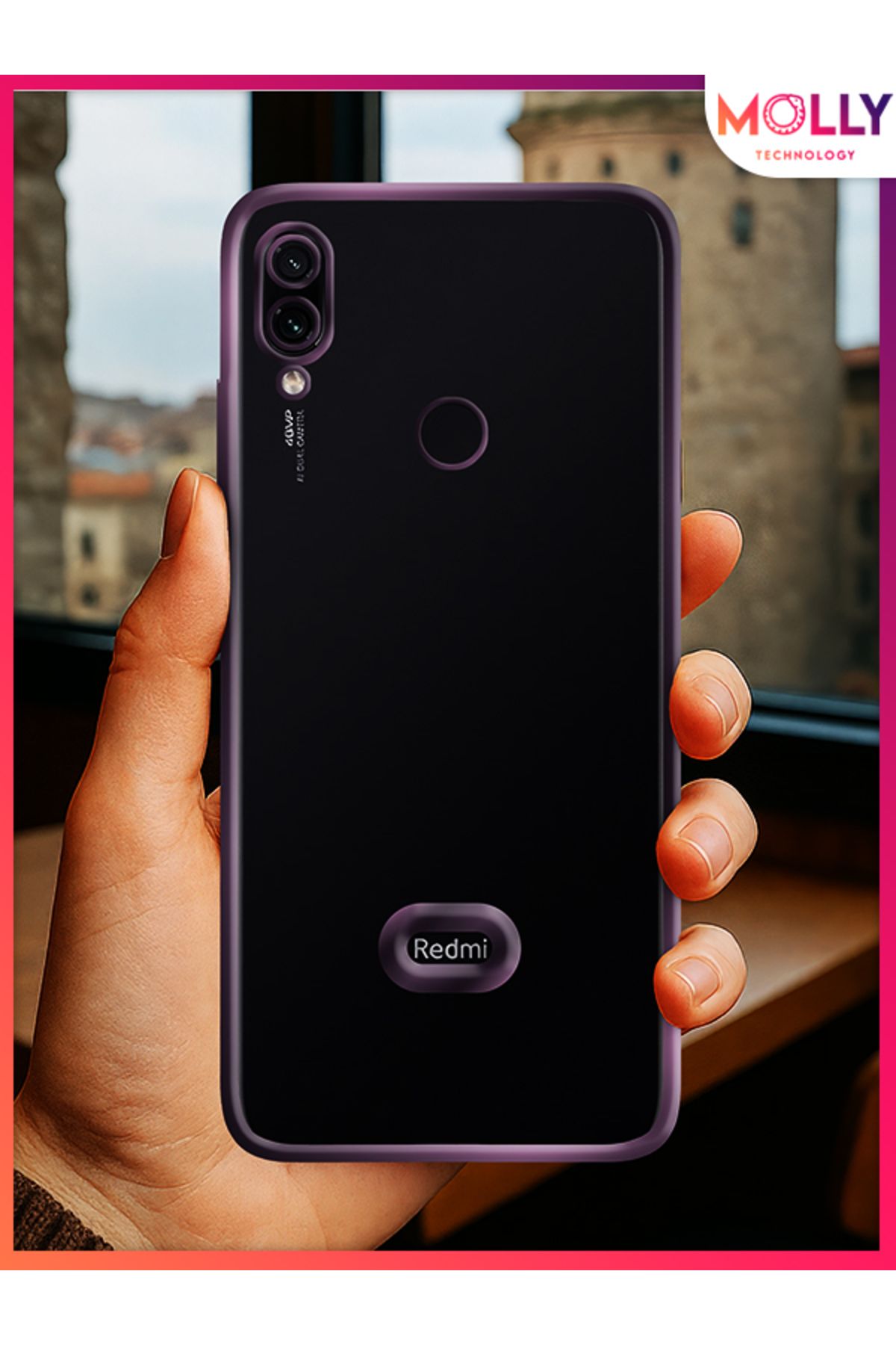 Molly Xiaomi Redmi Note 7 İçin Kenarları Derin Mor Lens Koruyuculu Lou Lazer Şeffaf Silikon Kılıf