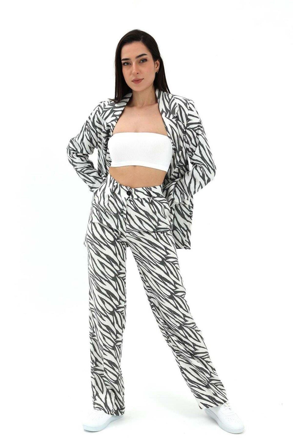 LLOHA Zebra Desen Yüksek Bel Keten Pantolon - Siyah