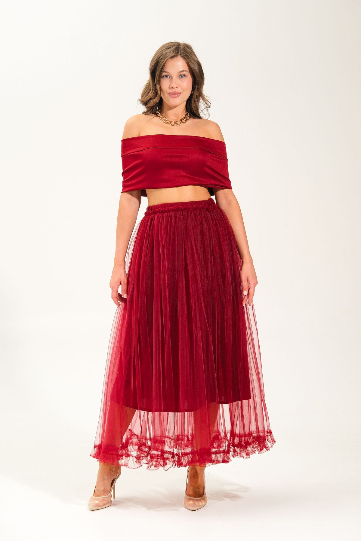 ROSE QUEEN Tül Kumaşın'dan Uzun Etekli Fırfırlı Uzun Tül Etek