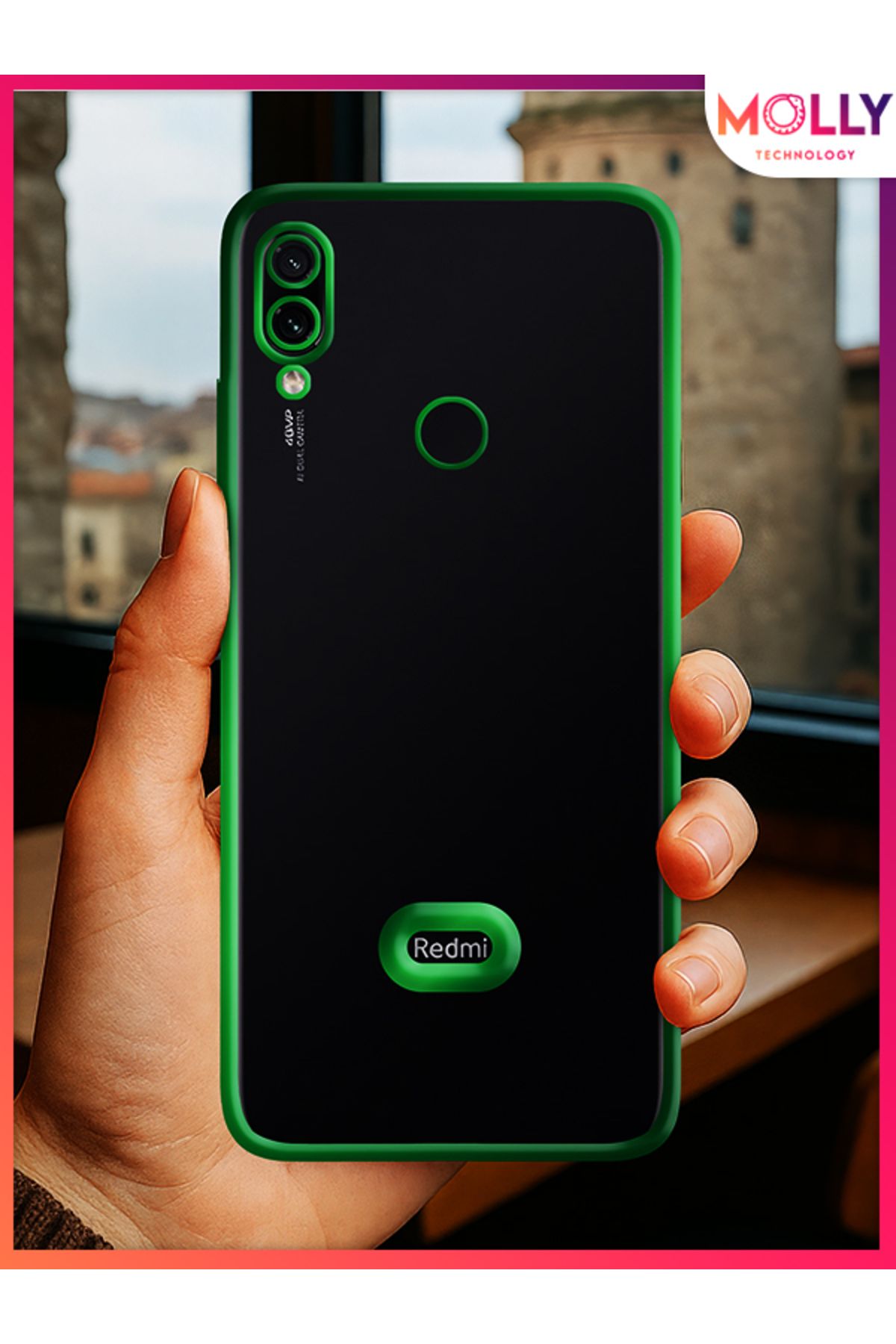 Molly Xiaomi Redmi Note 7 İçin Kenarları Zehir Yeşili Lens Koruyuculu Lou Lazer Şeffaf Silikon Kılıf