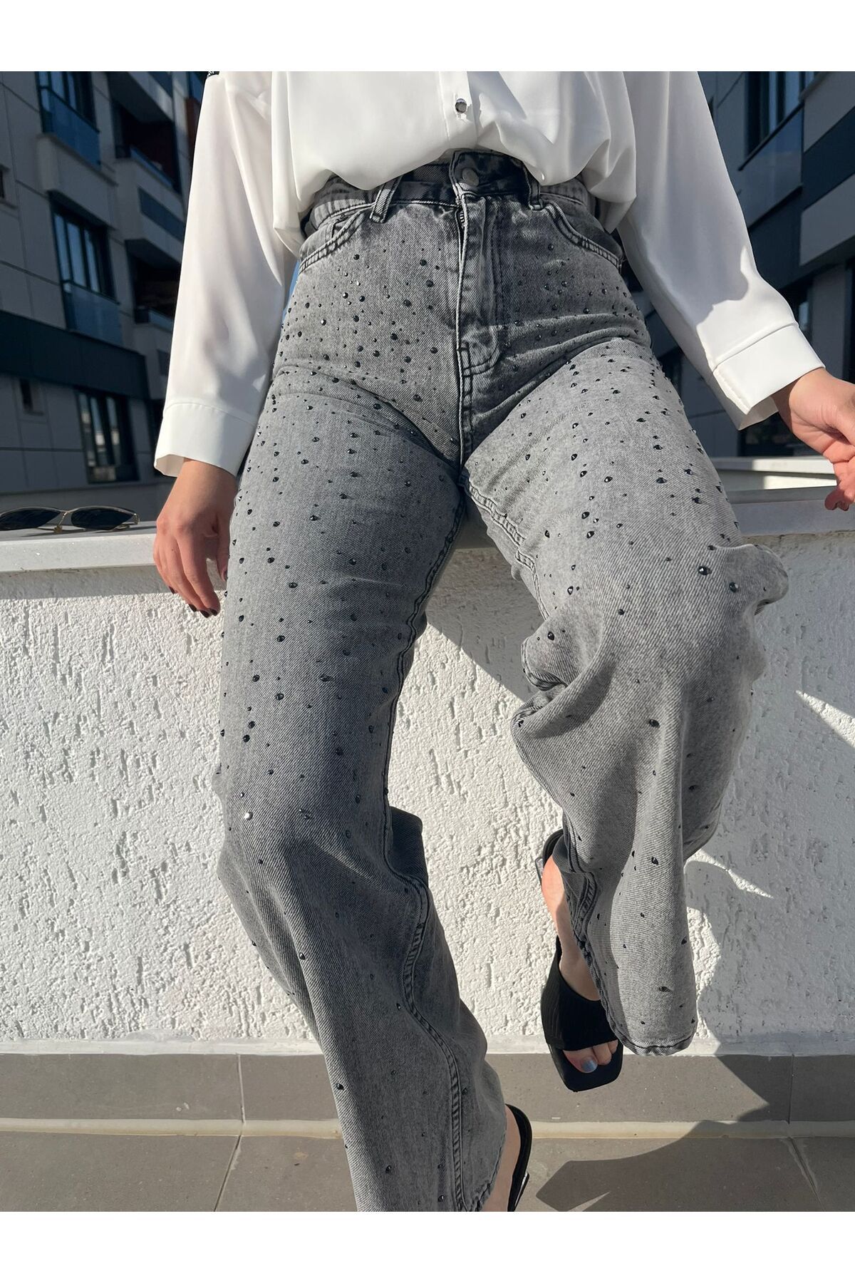 Butik Lavvbutik Taşlı Wideleg Gri Palazzo Pantalon