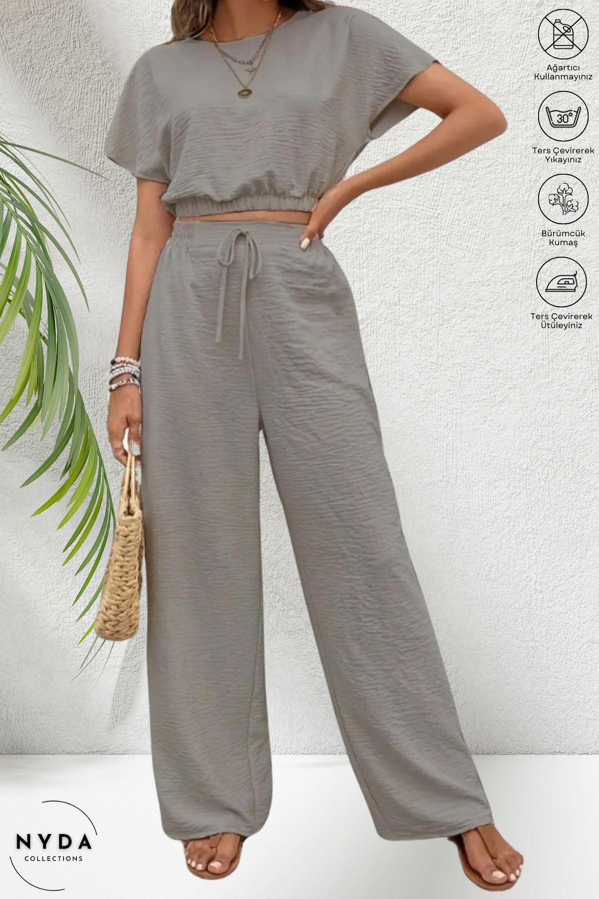 Nyda Collections Kadın Bürümcük Crop Pantolon Takım