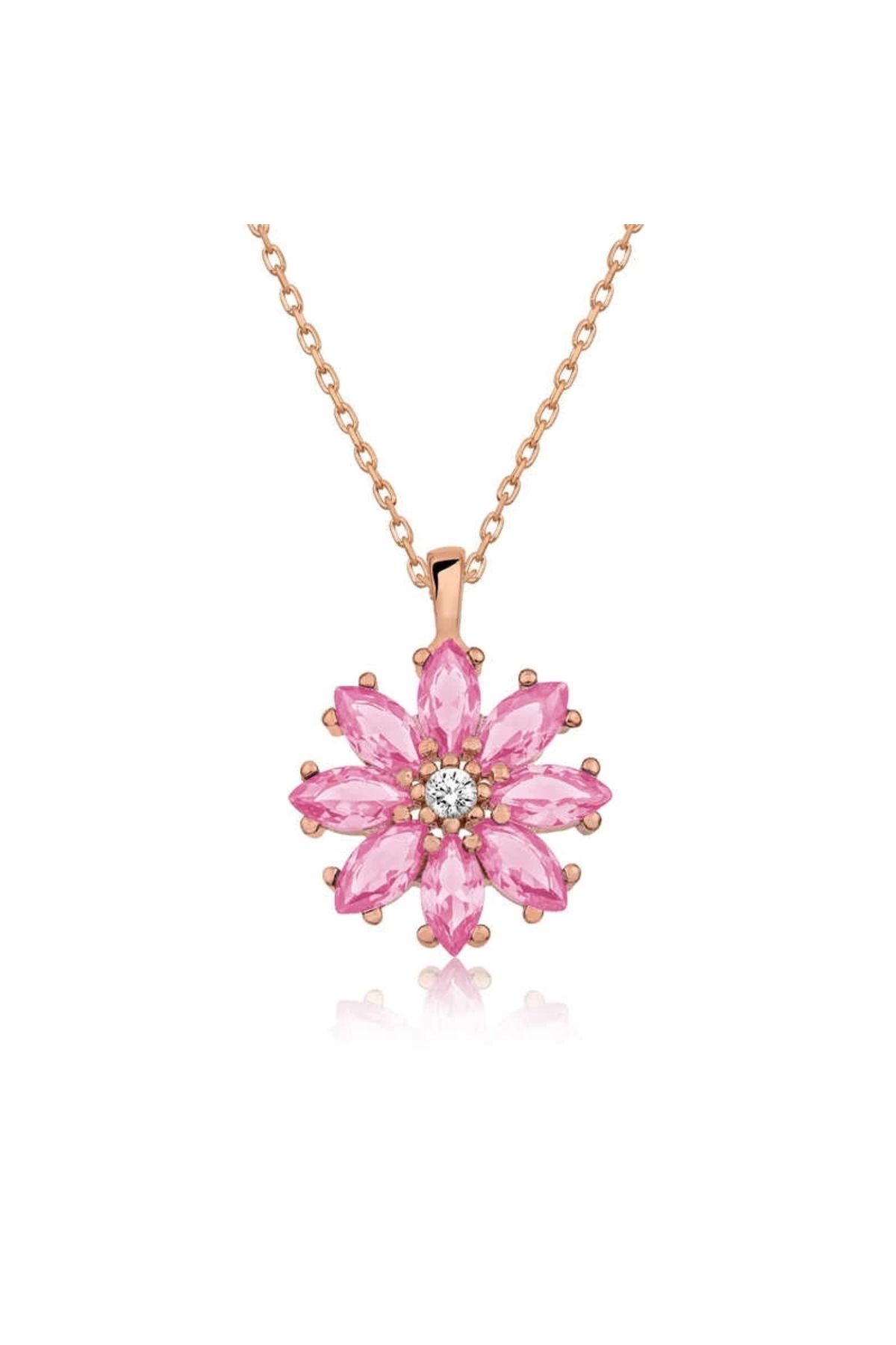 luz&pos Gümüş Rose Pembe Çiçek Kolye
