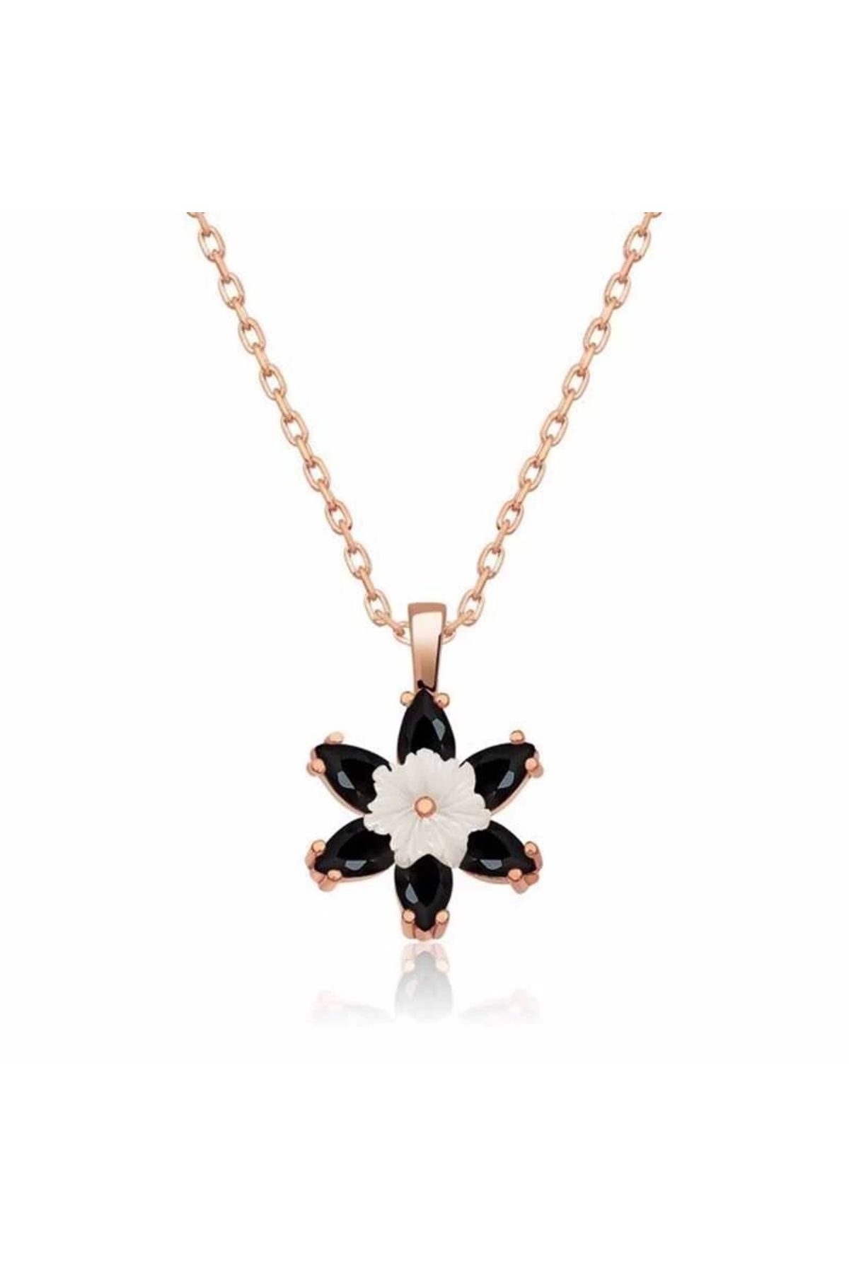 luz&pos Gümüş Rose Siyah Lotus Çiçeği Kolye