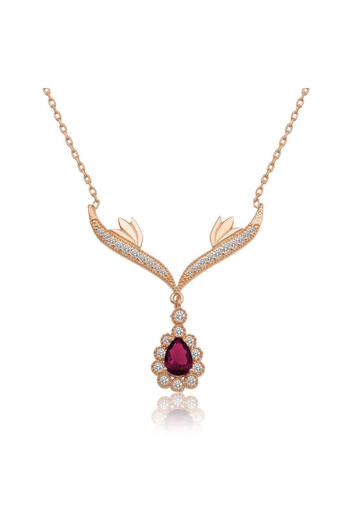 luz&pos Gümüş Rose Kırmızı Taşlı Madalyon Kolye